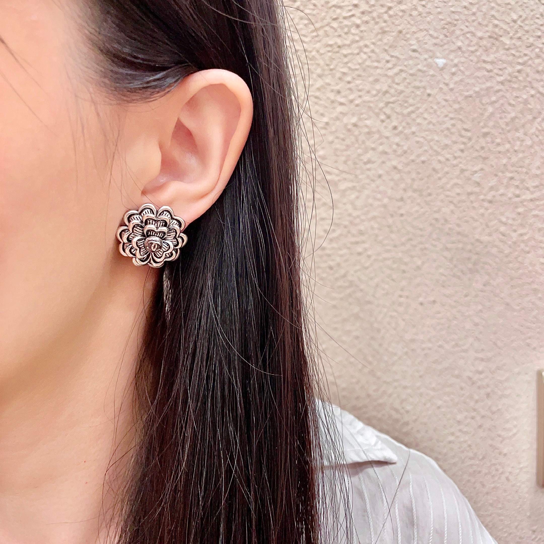 Chanel Silver Flower Stud Earrings