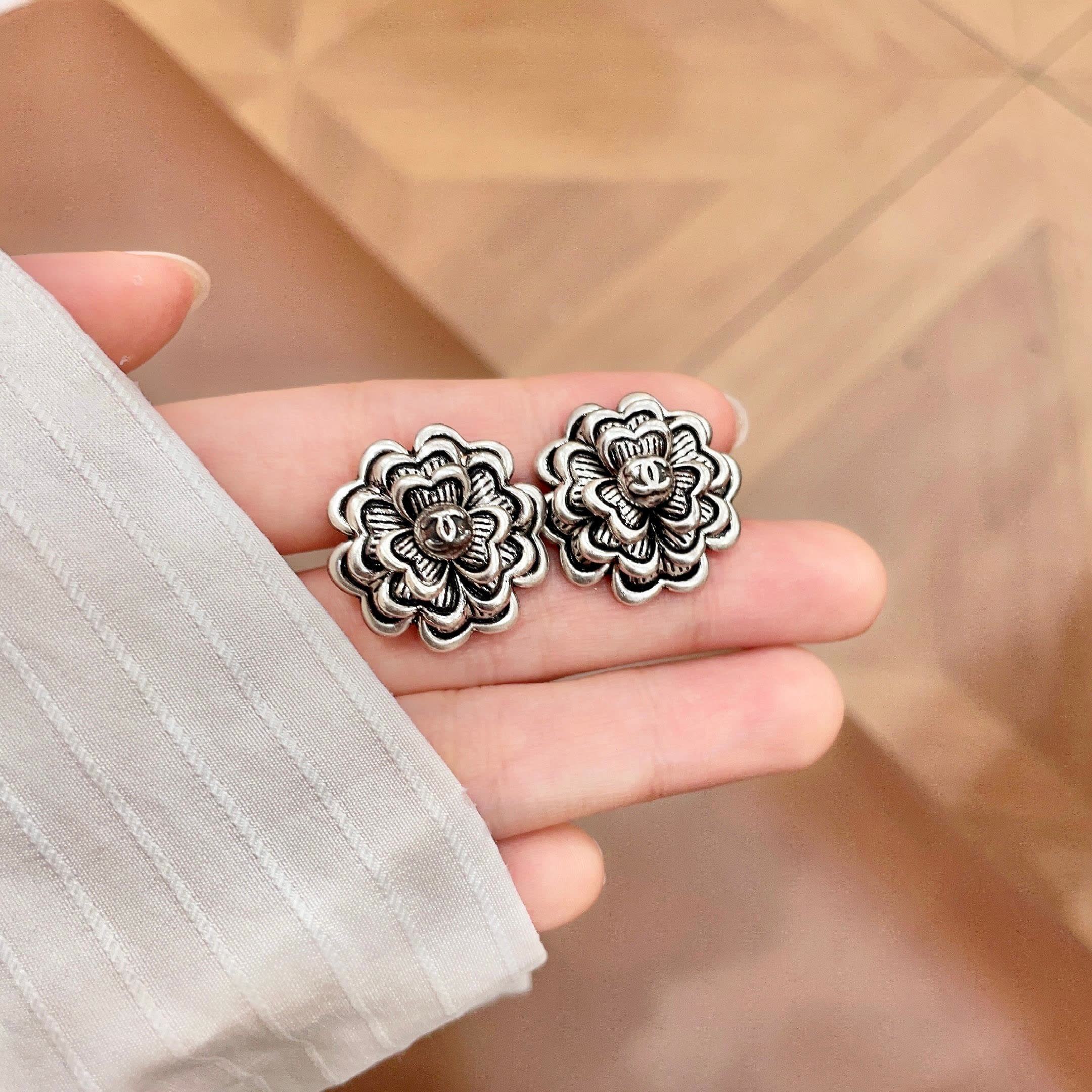 Chanel Silver Flower Stud Earrings
