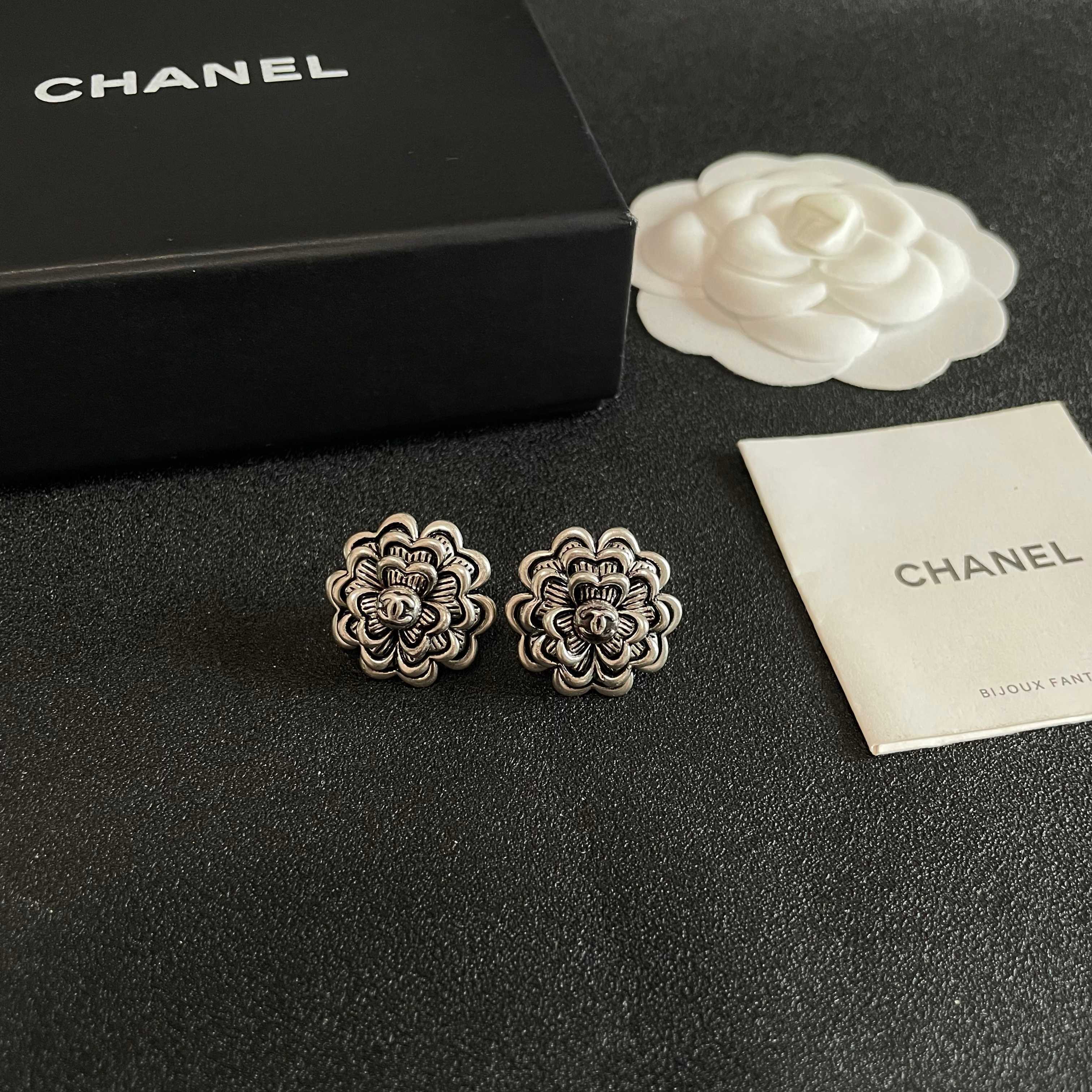 Chanel Silver Flower Stud Earrings