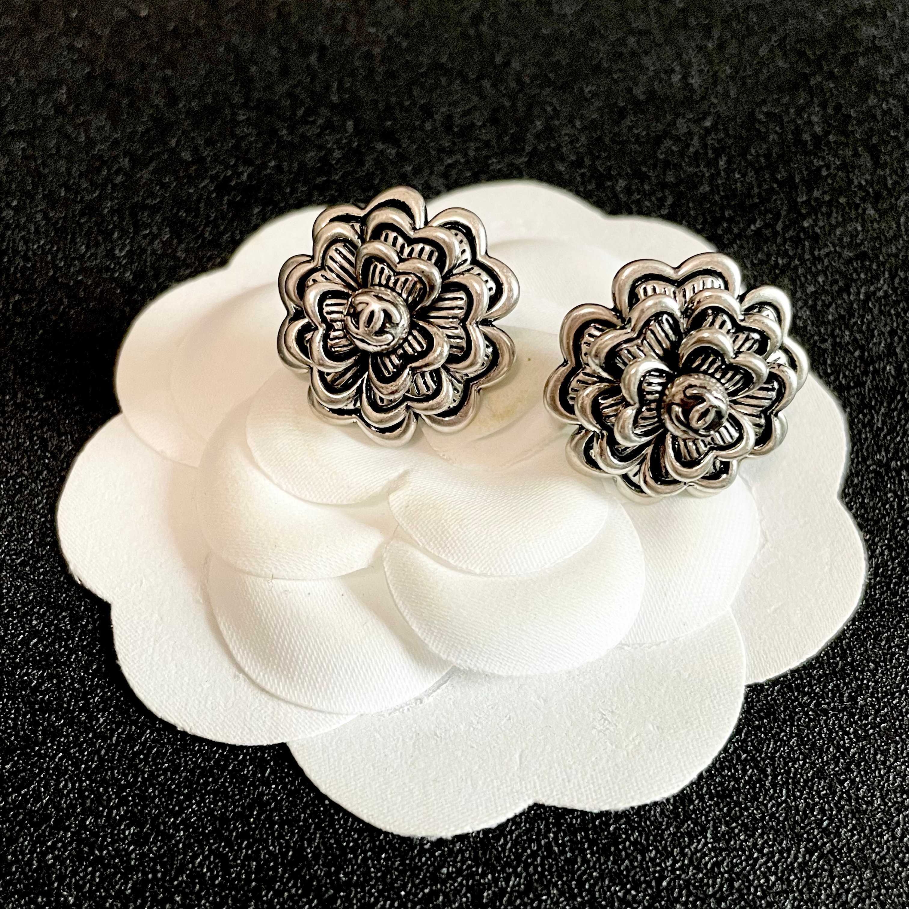 Chanel Silver Flower Stud Earrings