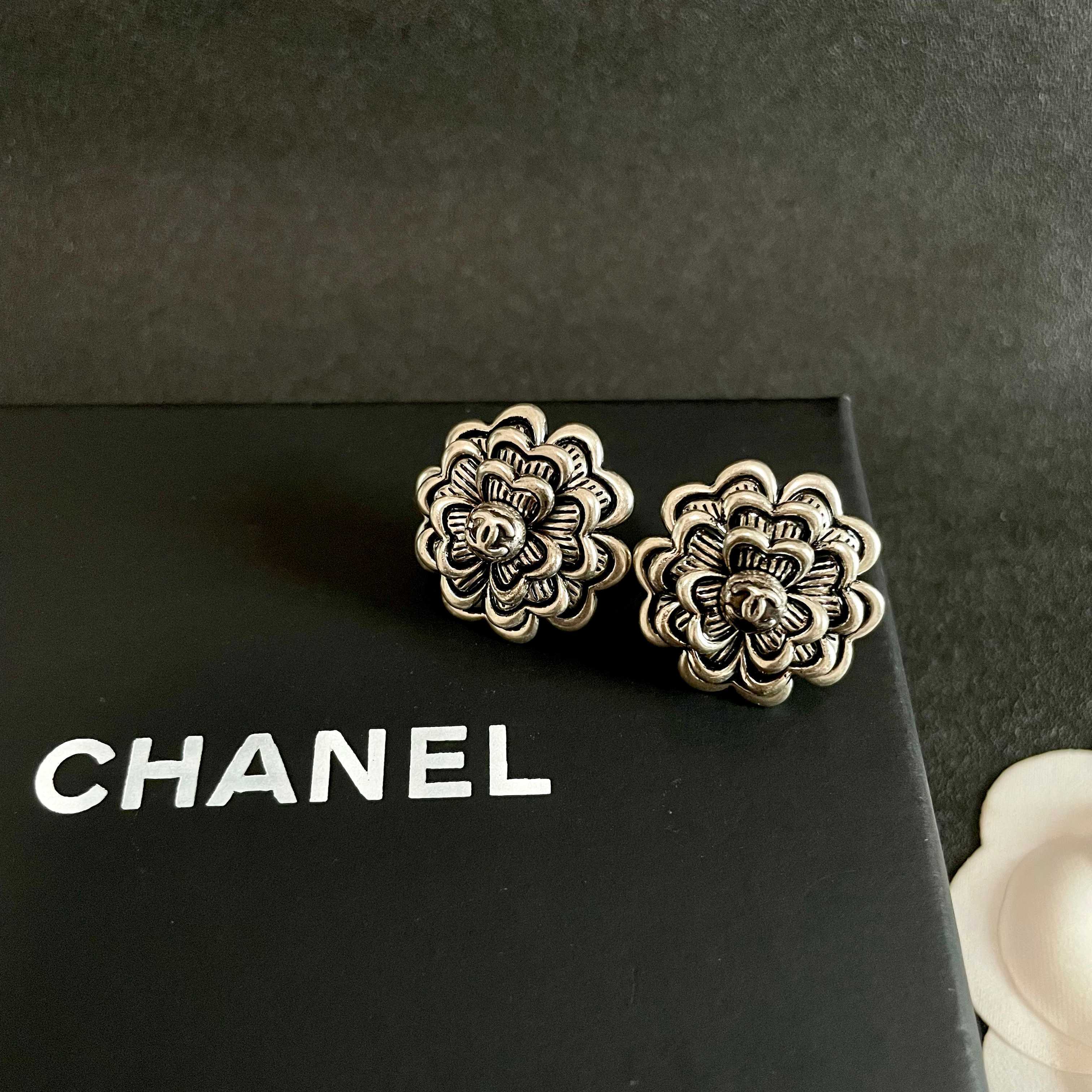 Chanel Silver Flower Stud Earrings