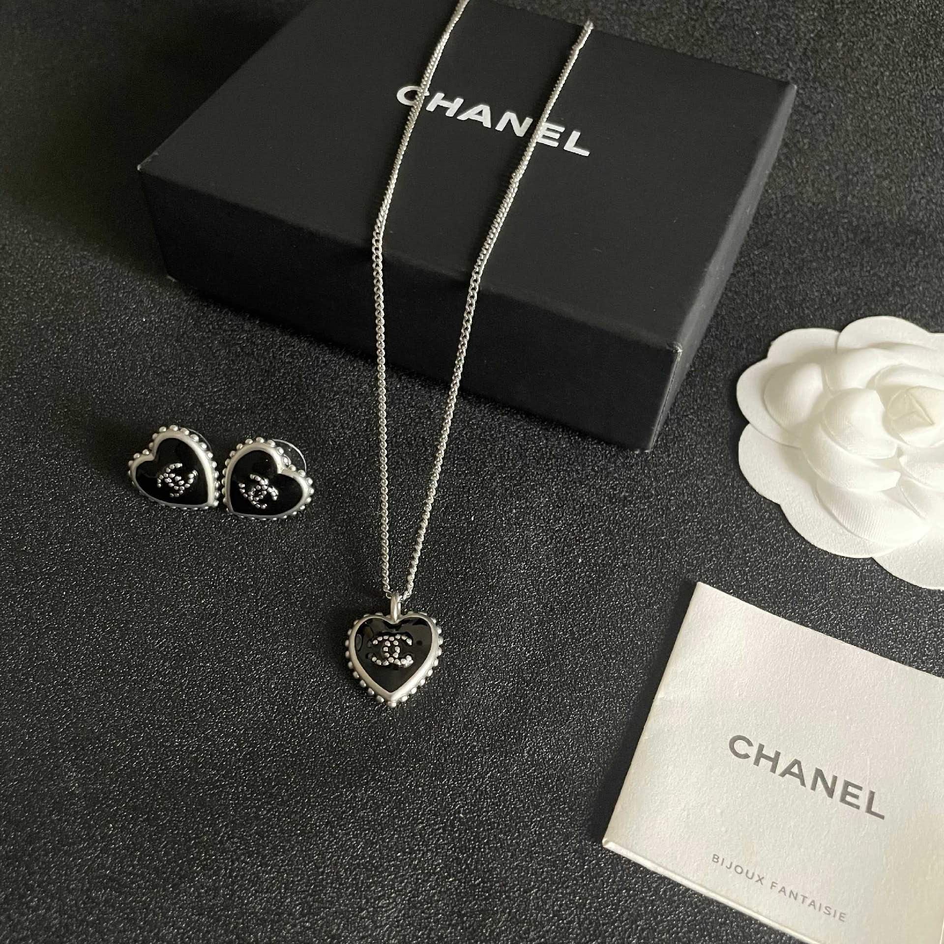 Chanel Black Heart Stud Earrings