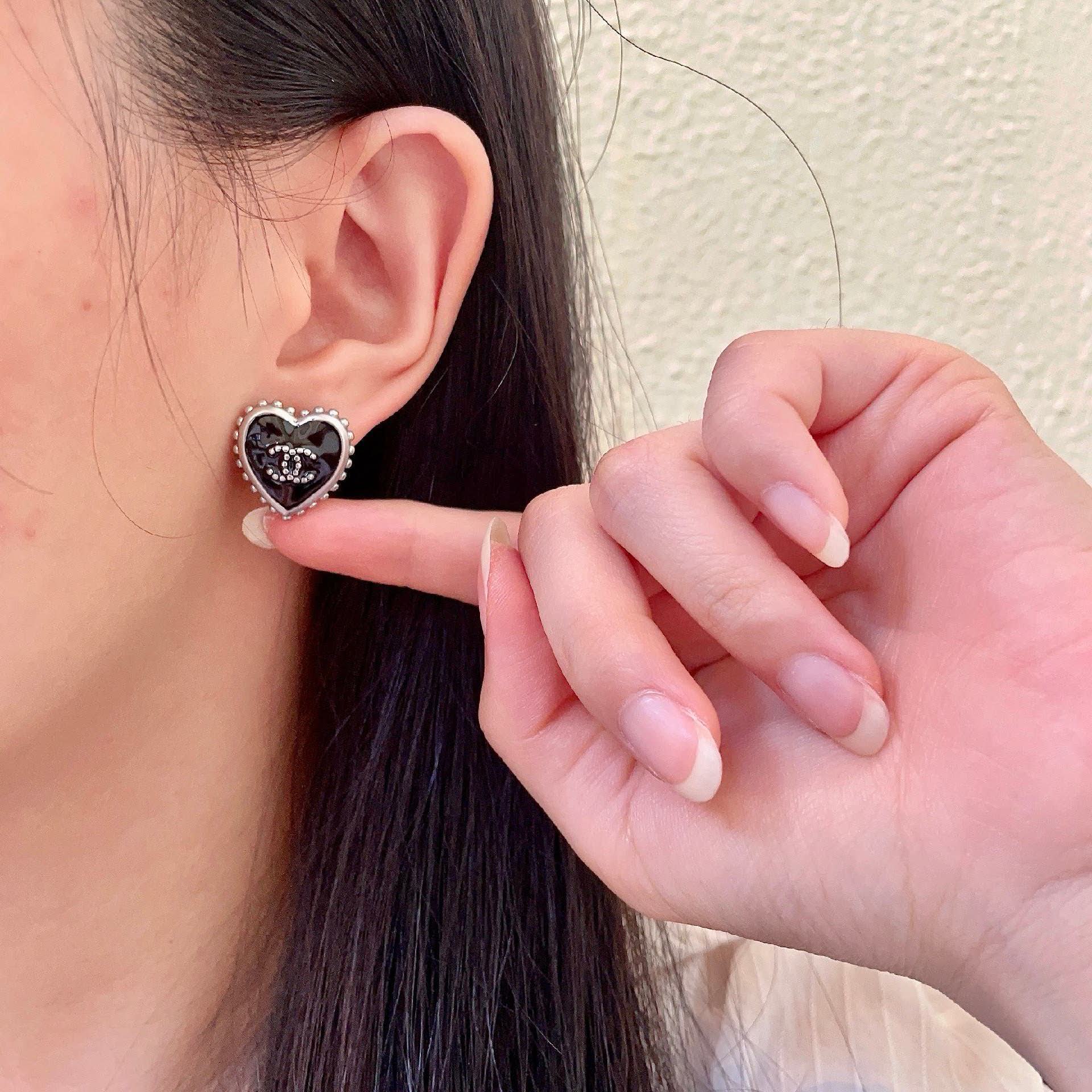Chanel Black Heart Stud Earrings