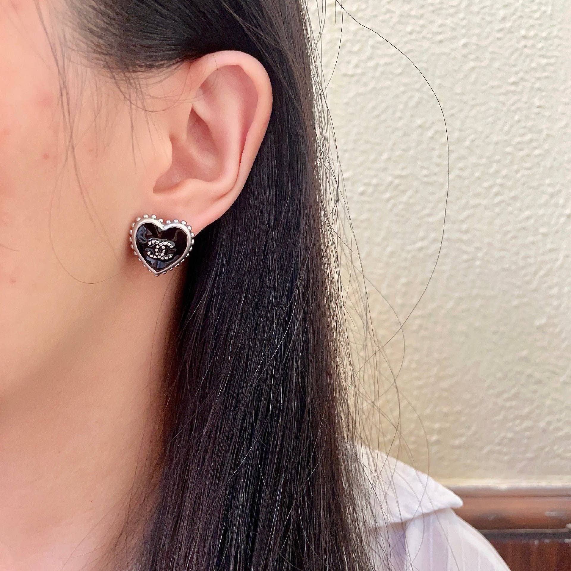 Chanel Black Heart Stud Earrings