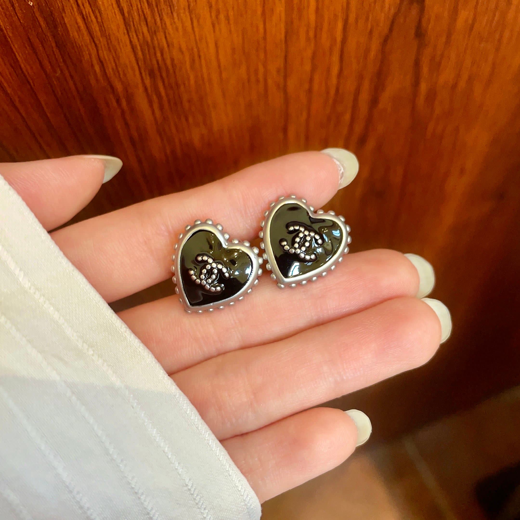 Chanel Black Heart Stud Earrings