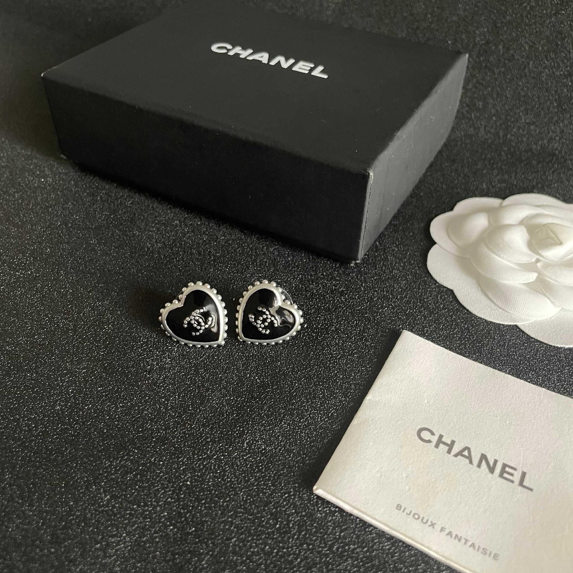 Chanel Black Heart Stud Earrings
