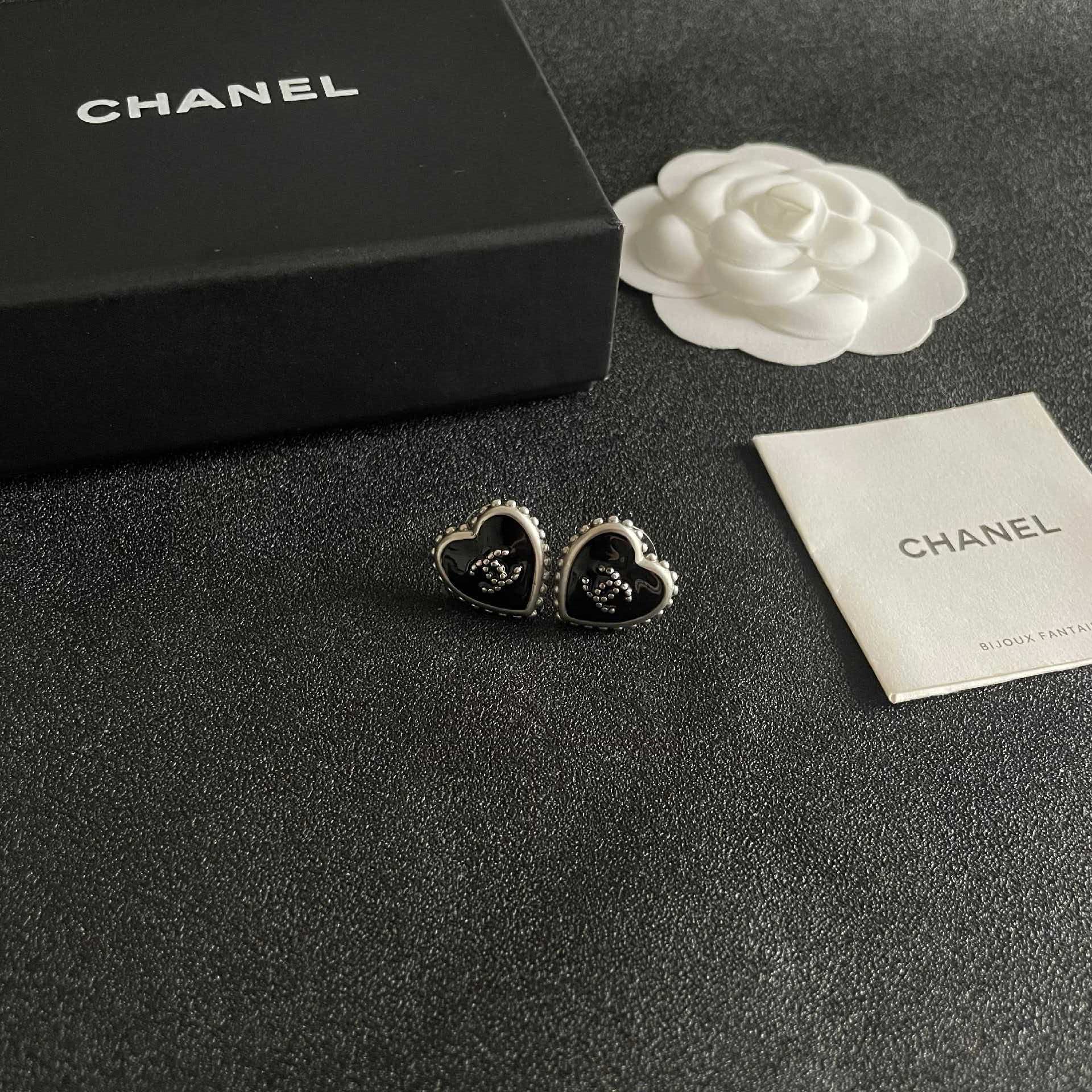 Chanel Black Heart Stud Earrings
