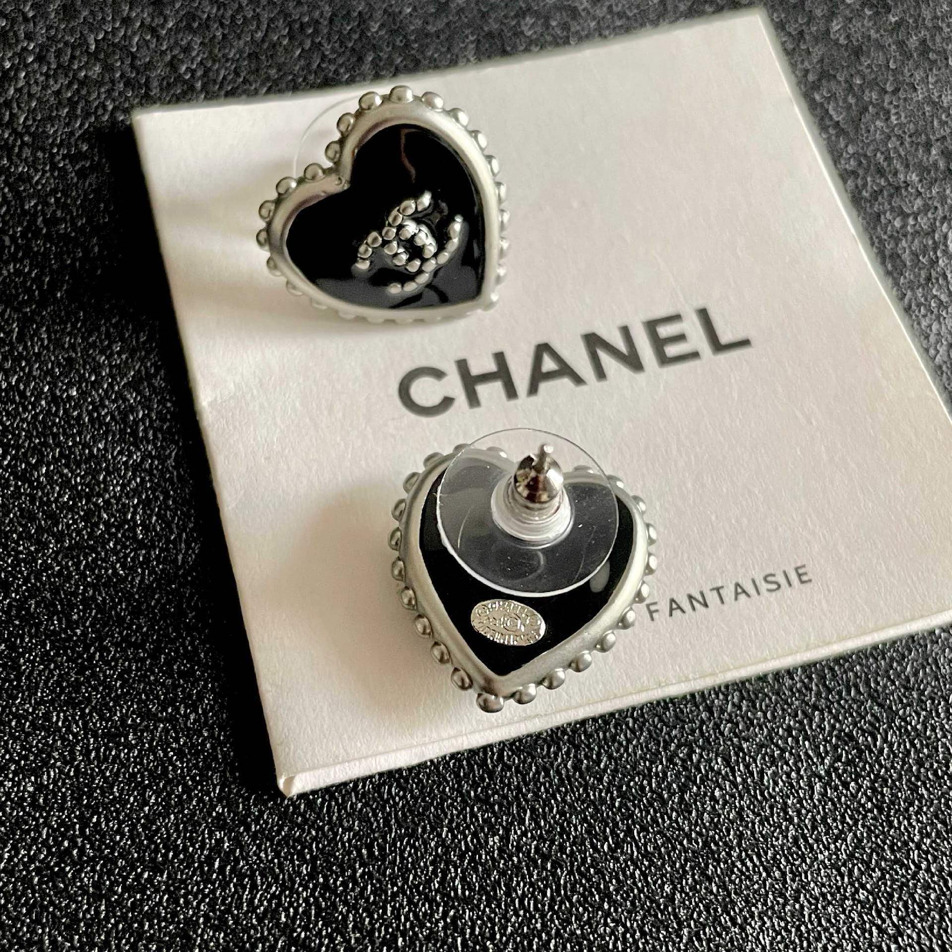 Chanel Black Heart Stud Earrings