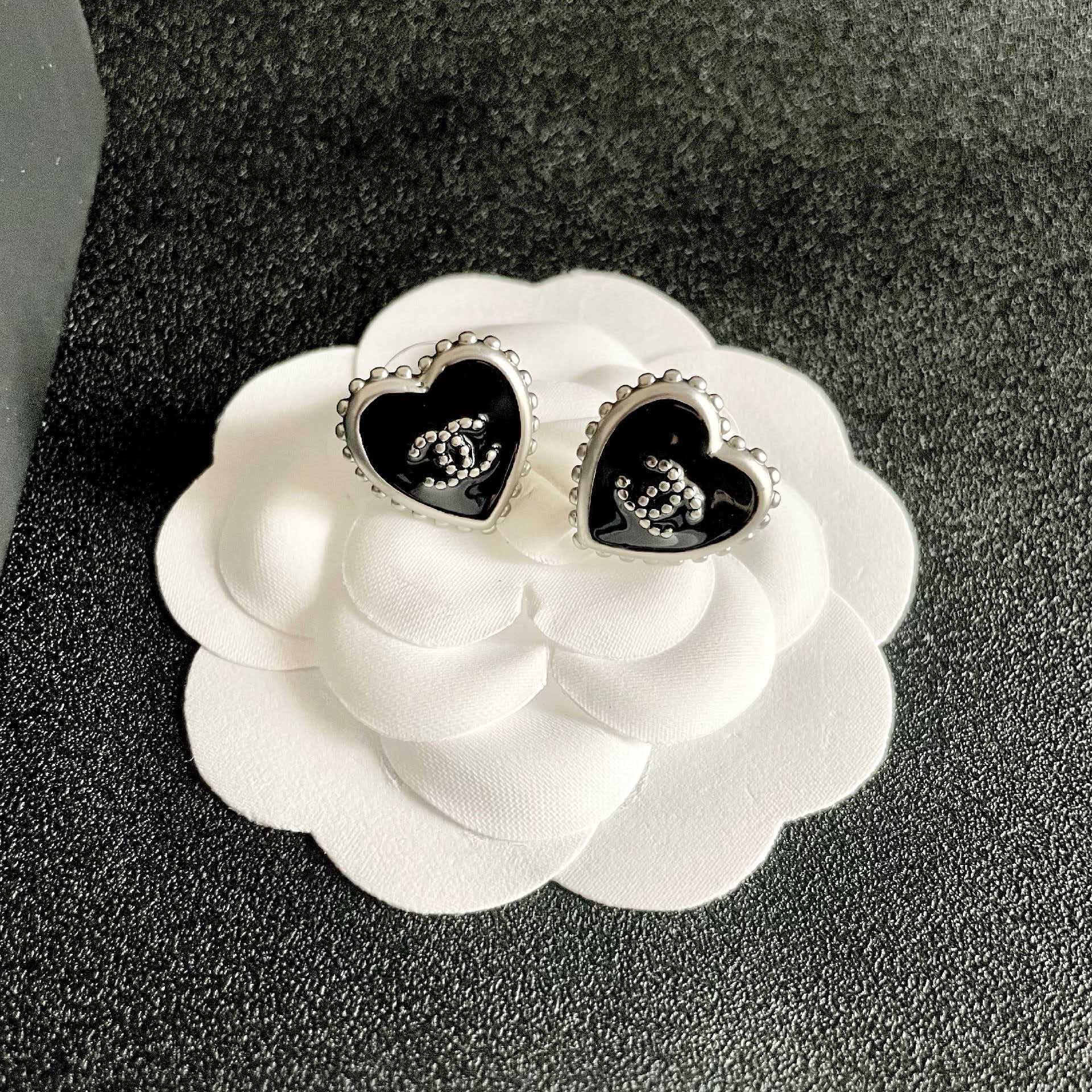Chanel Black Heart Stud Earrings