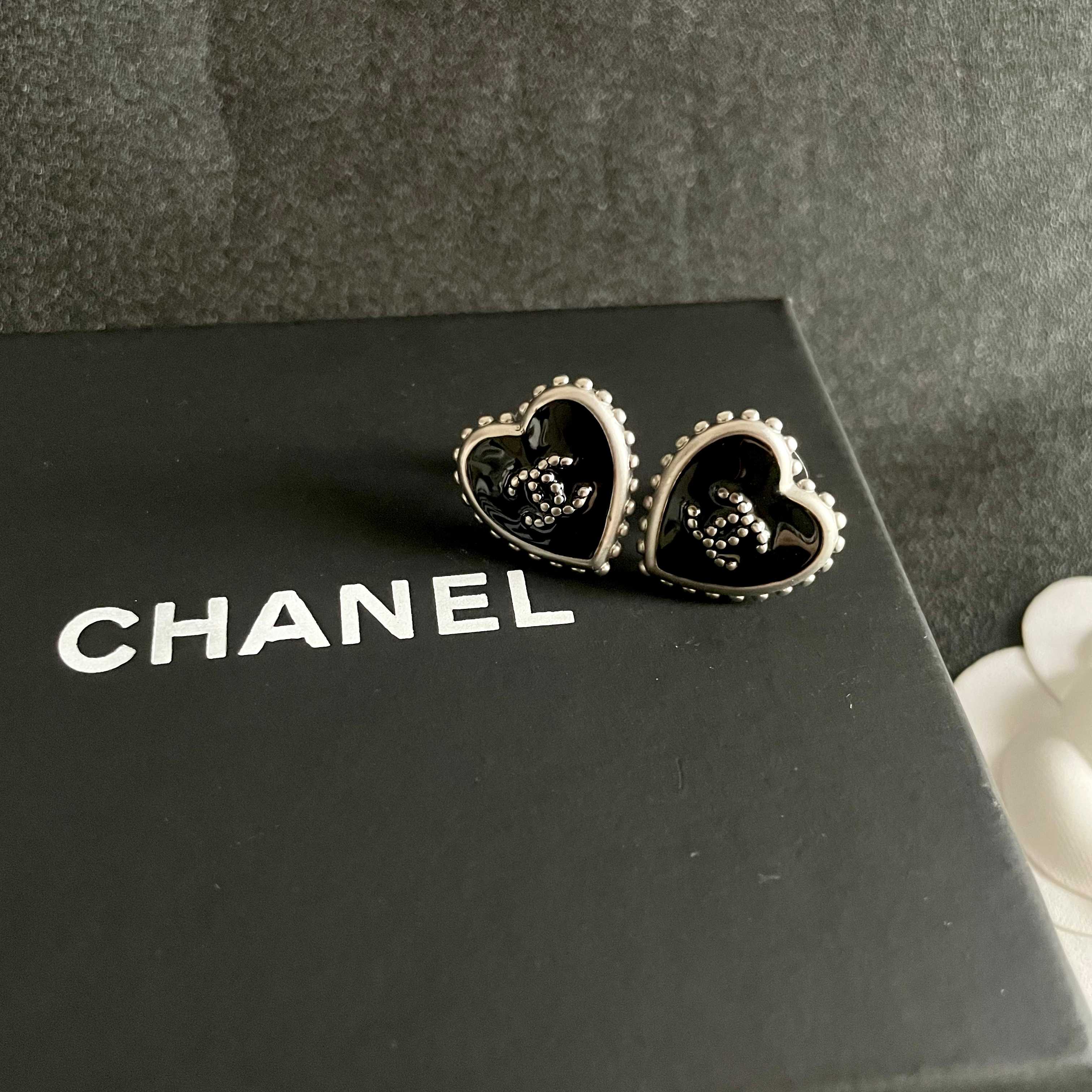 Chanel Black Heart Stud Earrings