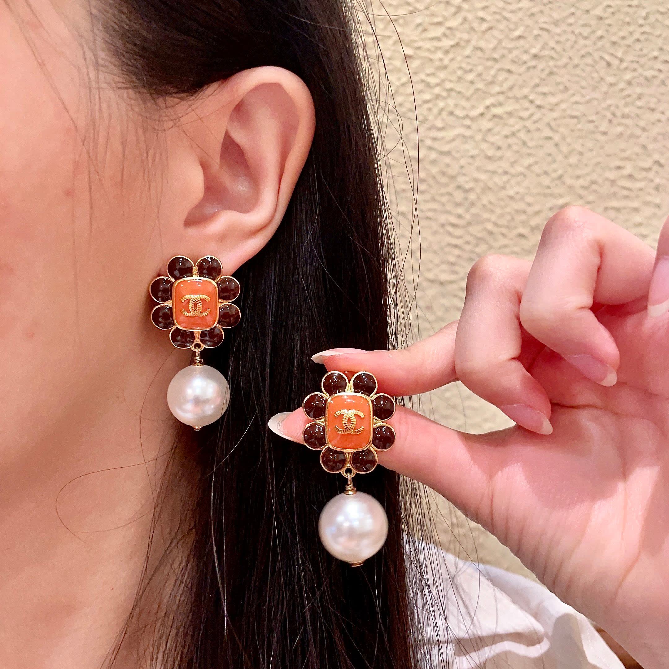 Chanel Orange Flower Pearl Earrings Chanel Orange Flower Pearl Earrings