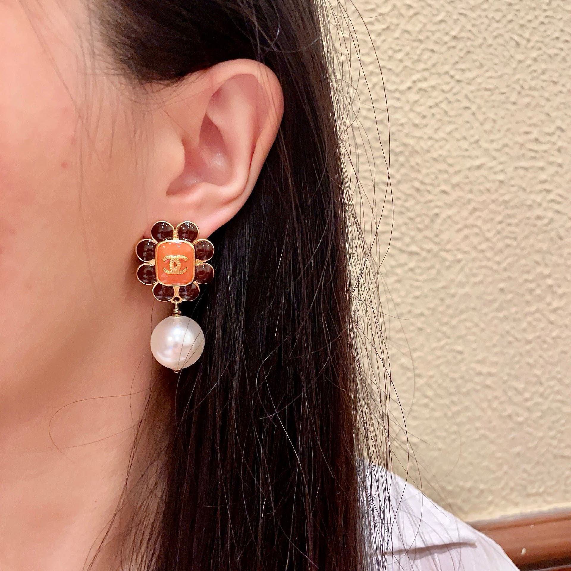 Chanel Orange Flower Pearl Earrings
