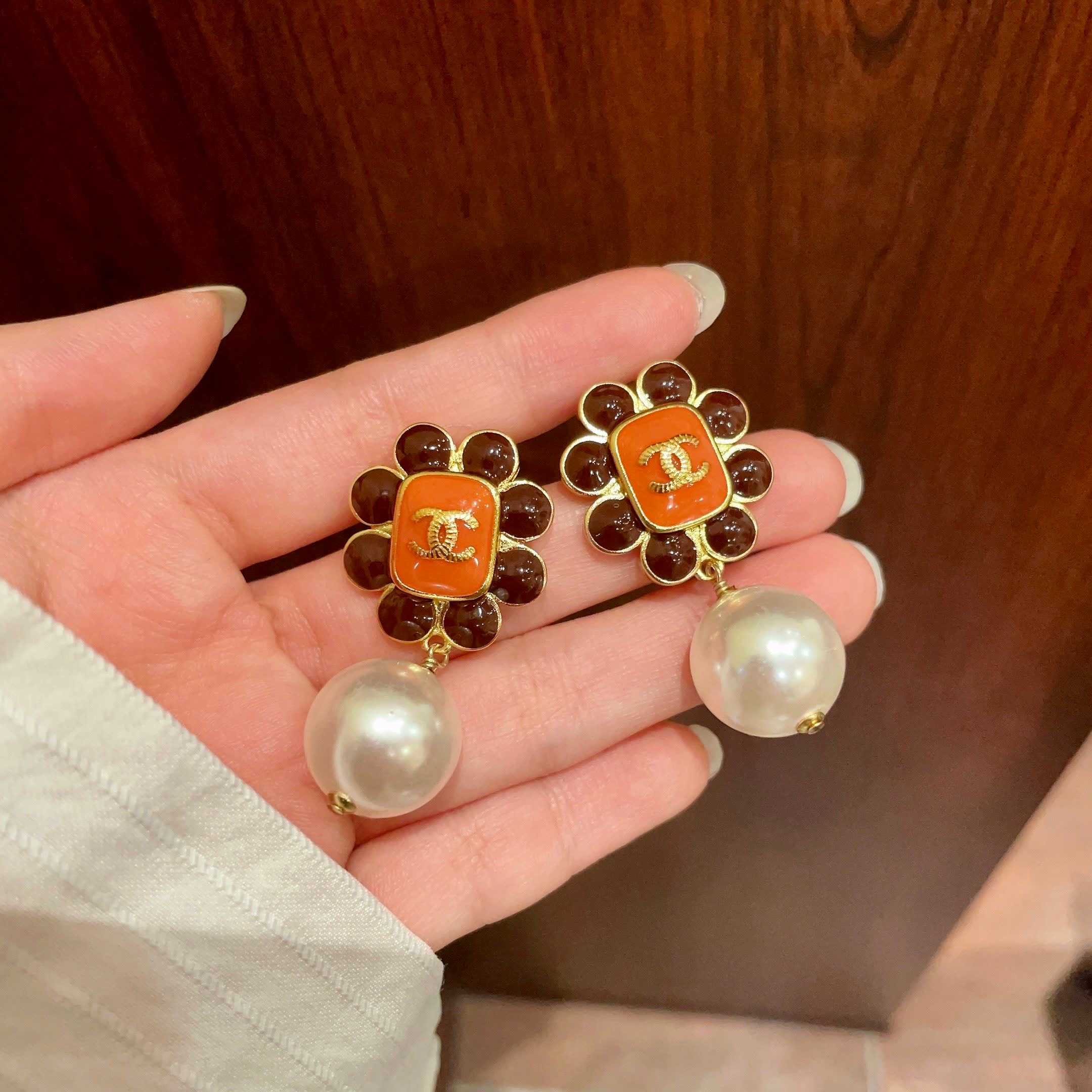 Chanel Orange Flower Pearl Earrings