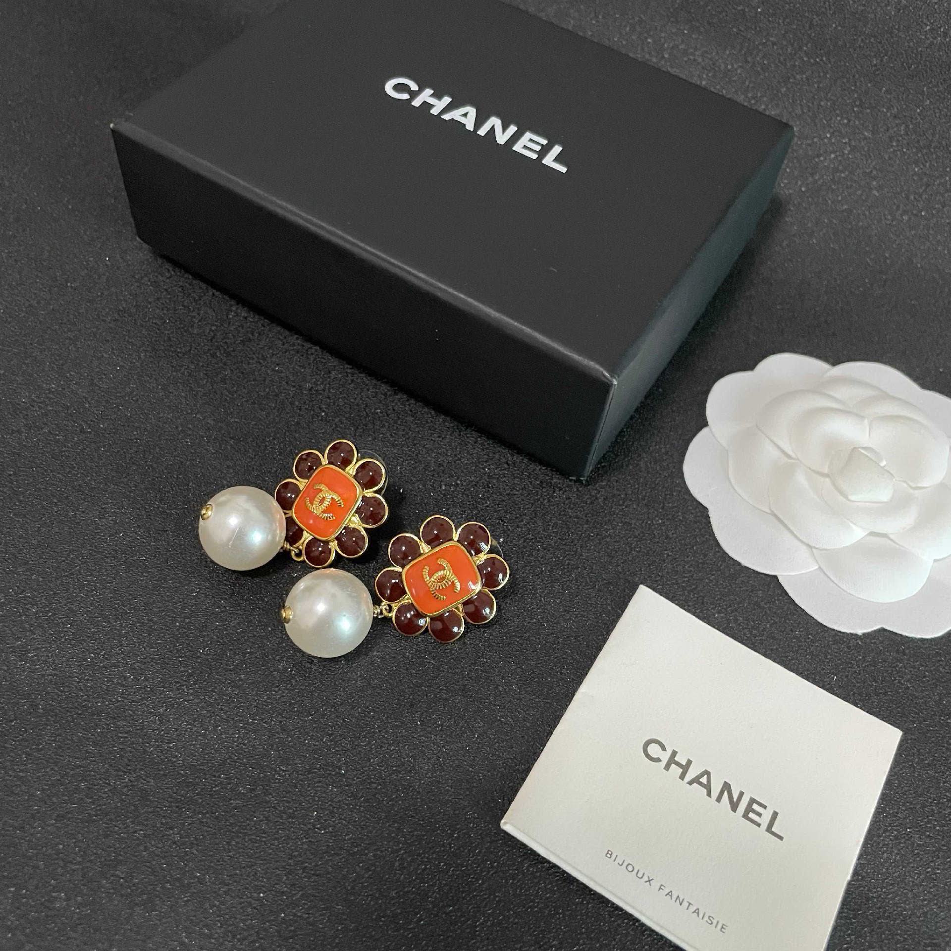 Chanel Orange Flower Pearl Earrings