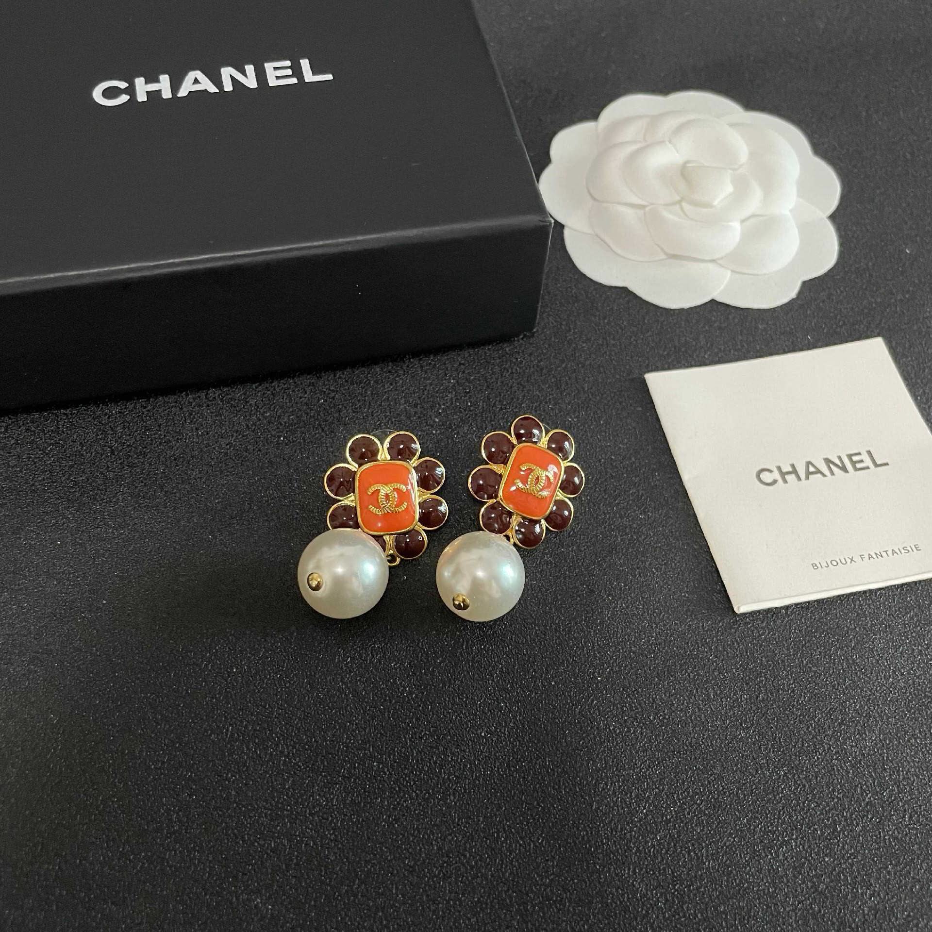 Chanel Orange Flower Pearl Earrings