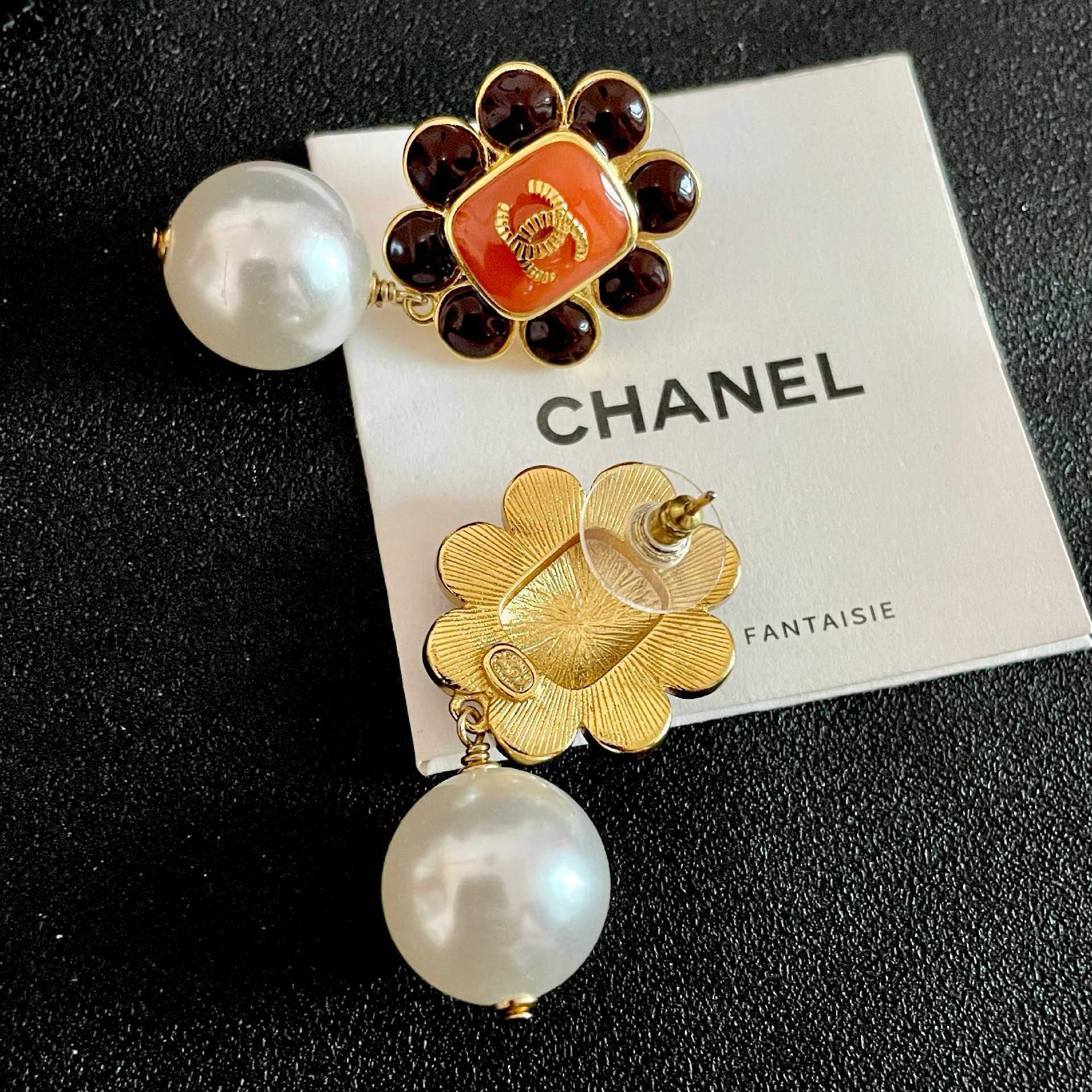 Chanel Orange Flower Pearl Earrings
