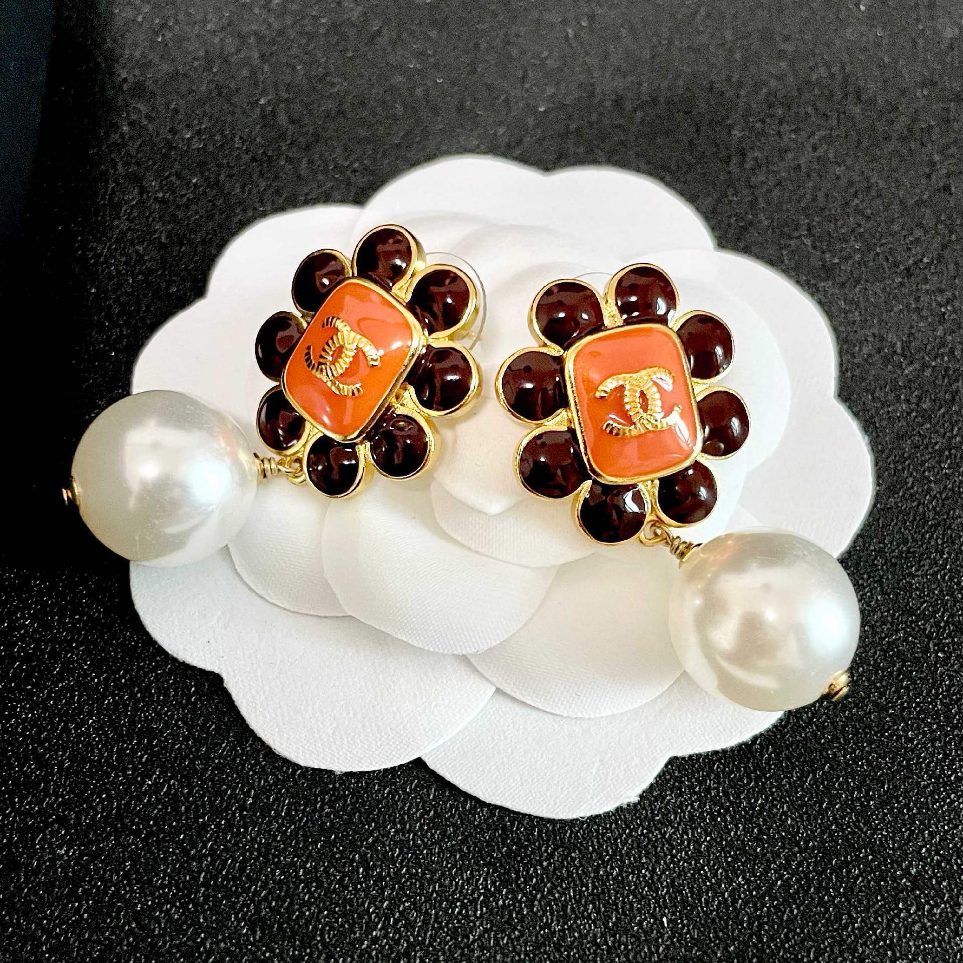 Chanel Orange Flower Pearl Earrings