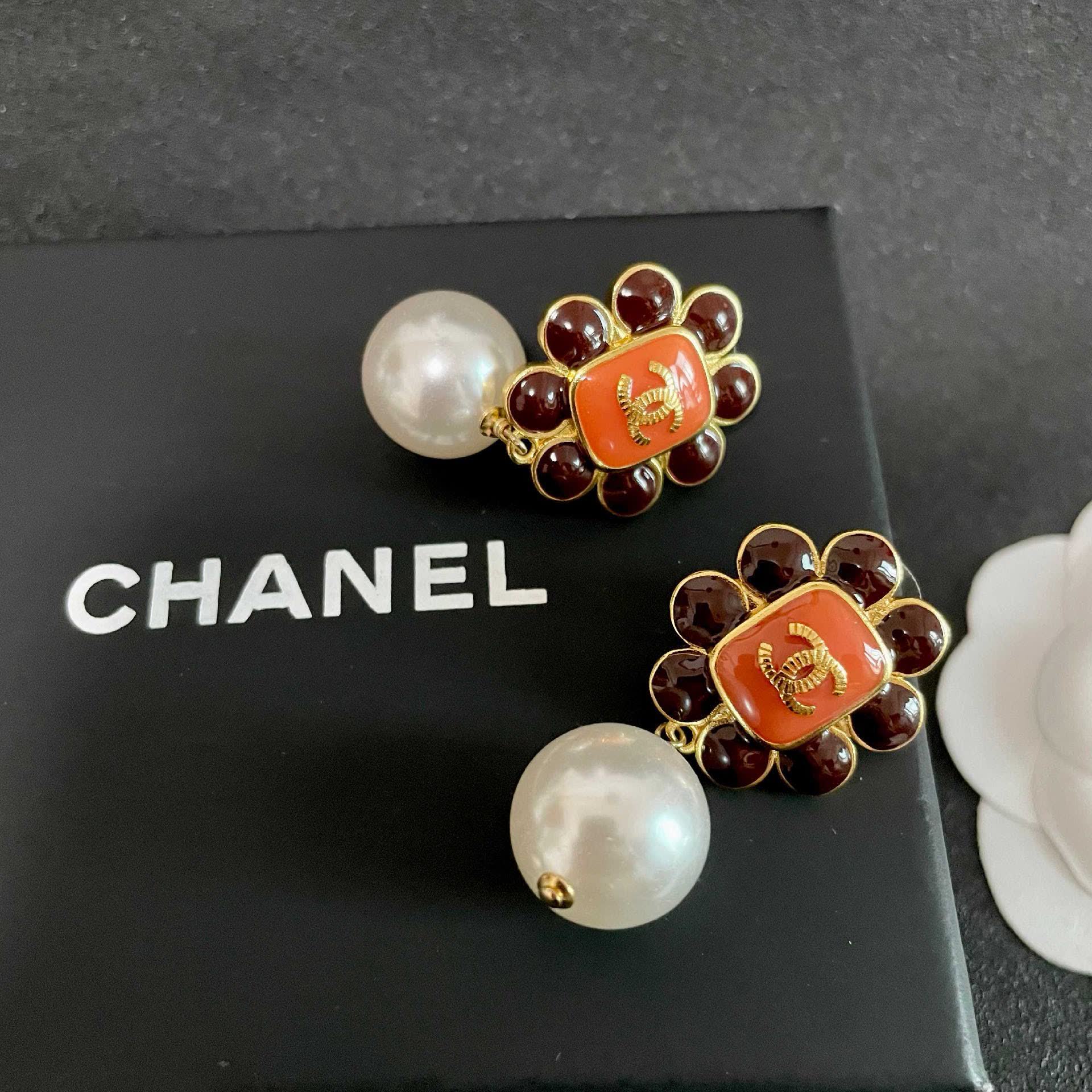 Chanel Orange Flower Pearl Earrings