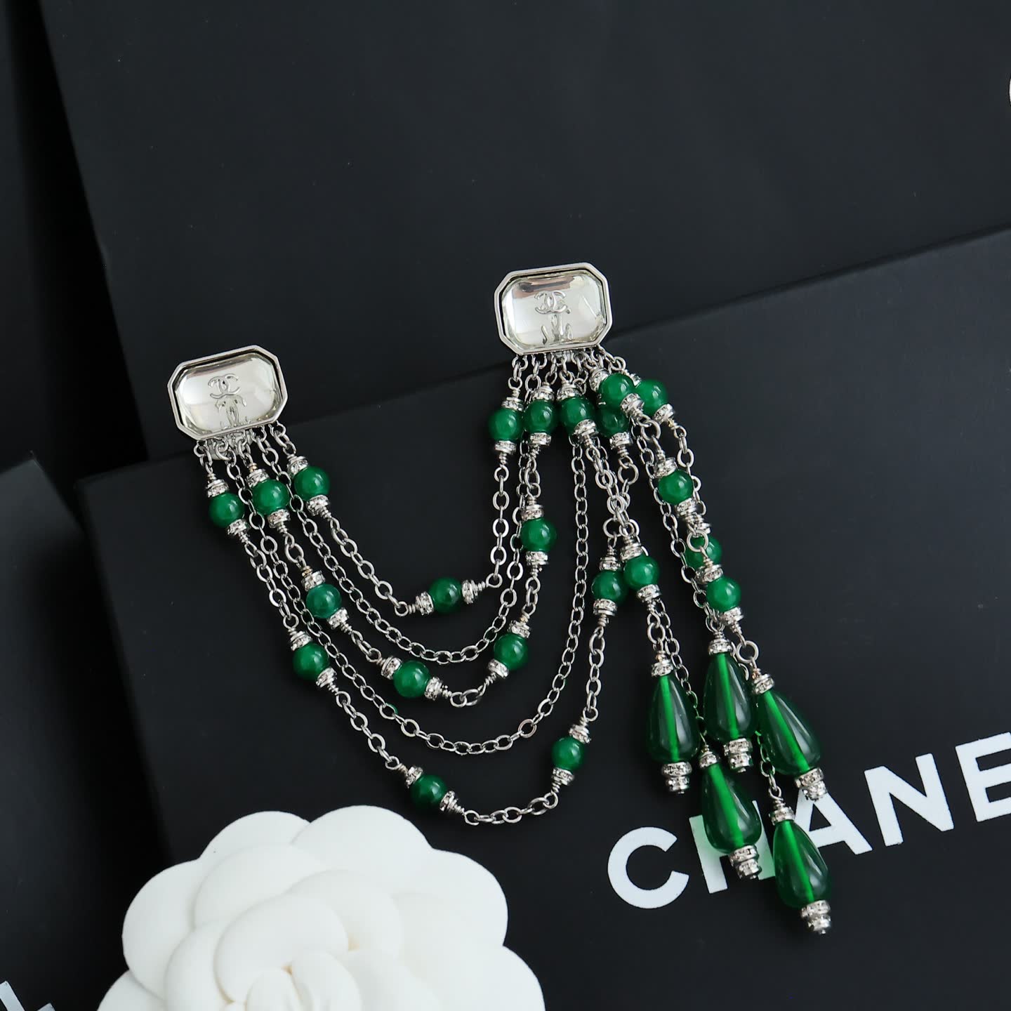 Chanel Green Crystal Tassel Earrings