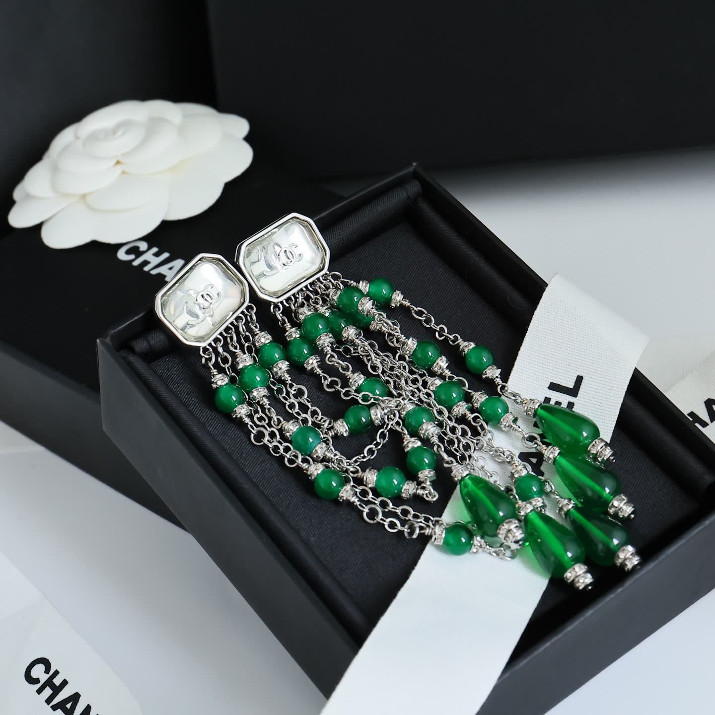 Chanel Green Crystal Tassel Earrings