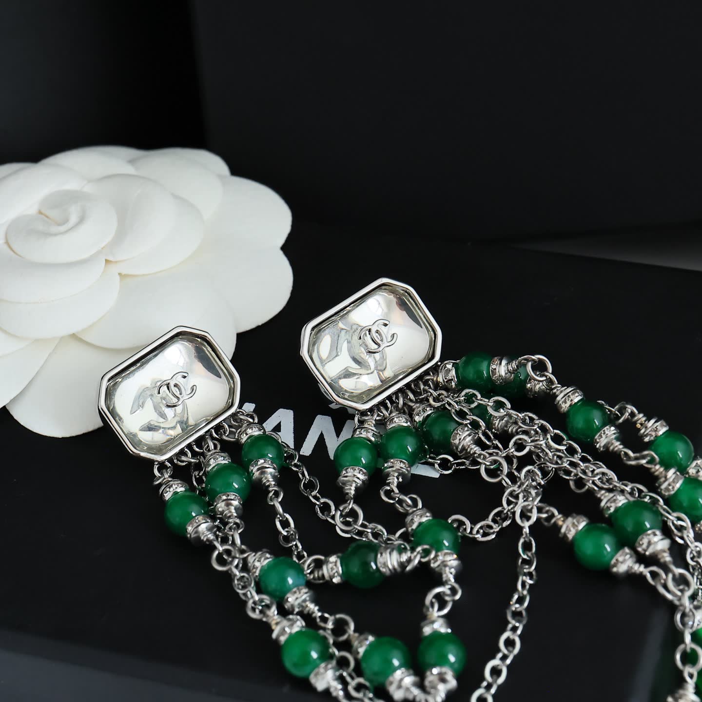 Chanel Green Crystal Tassel Earrings