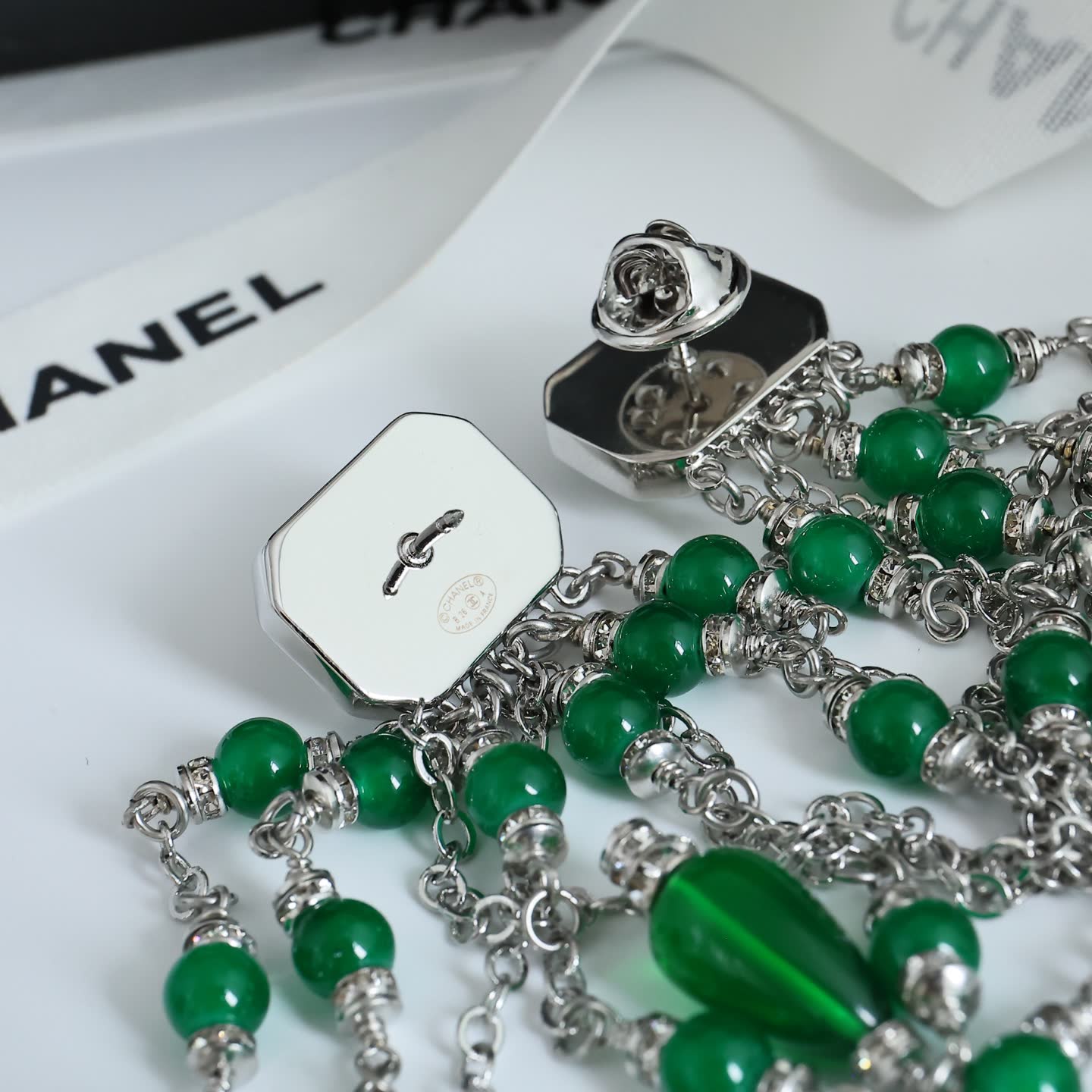 Chanel Green Crystal Tassel Earrings