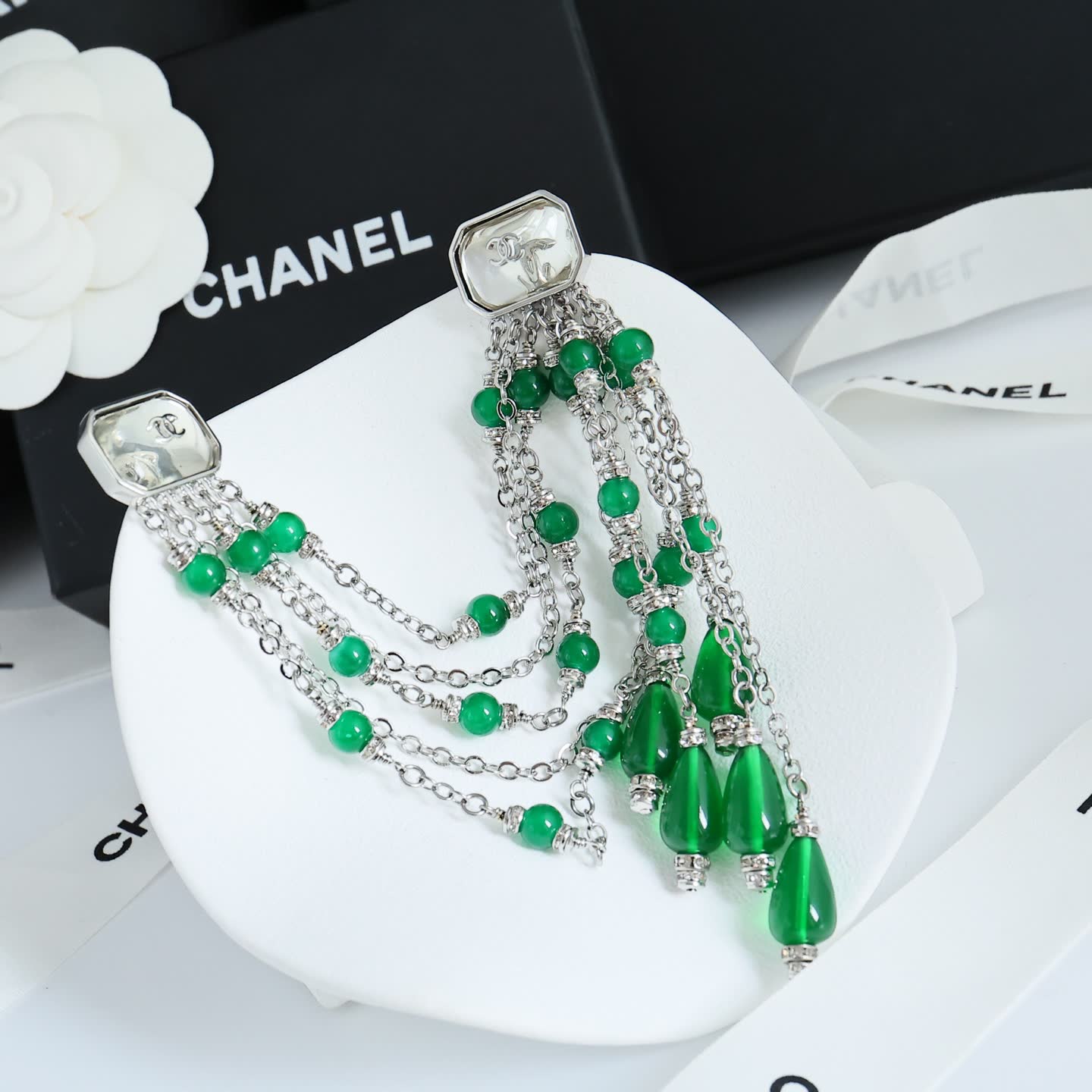 Chanel Green Crystal Tassel Earrings