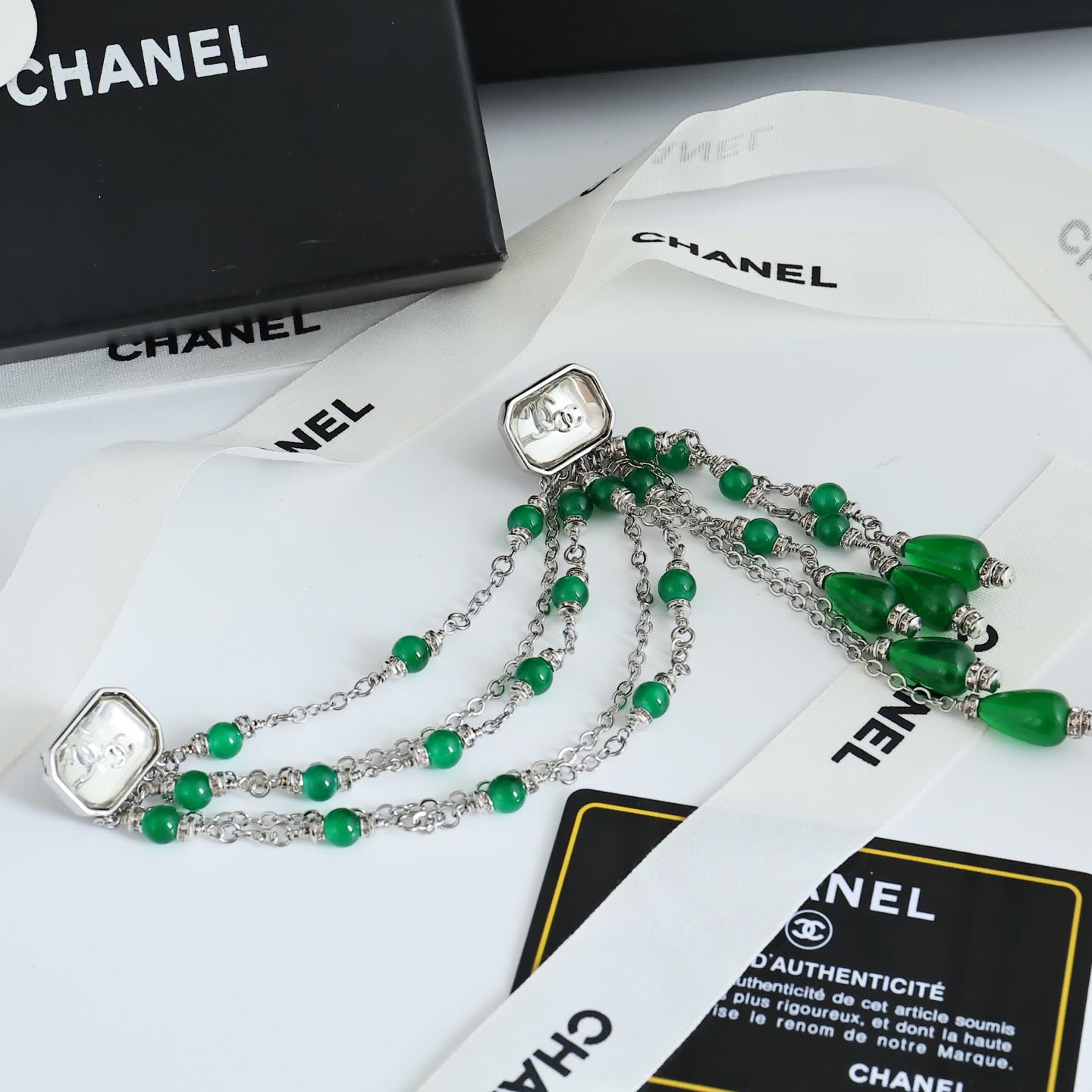 Chanel Green Crystal Tassel Earrings