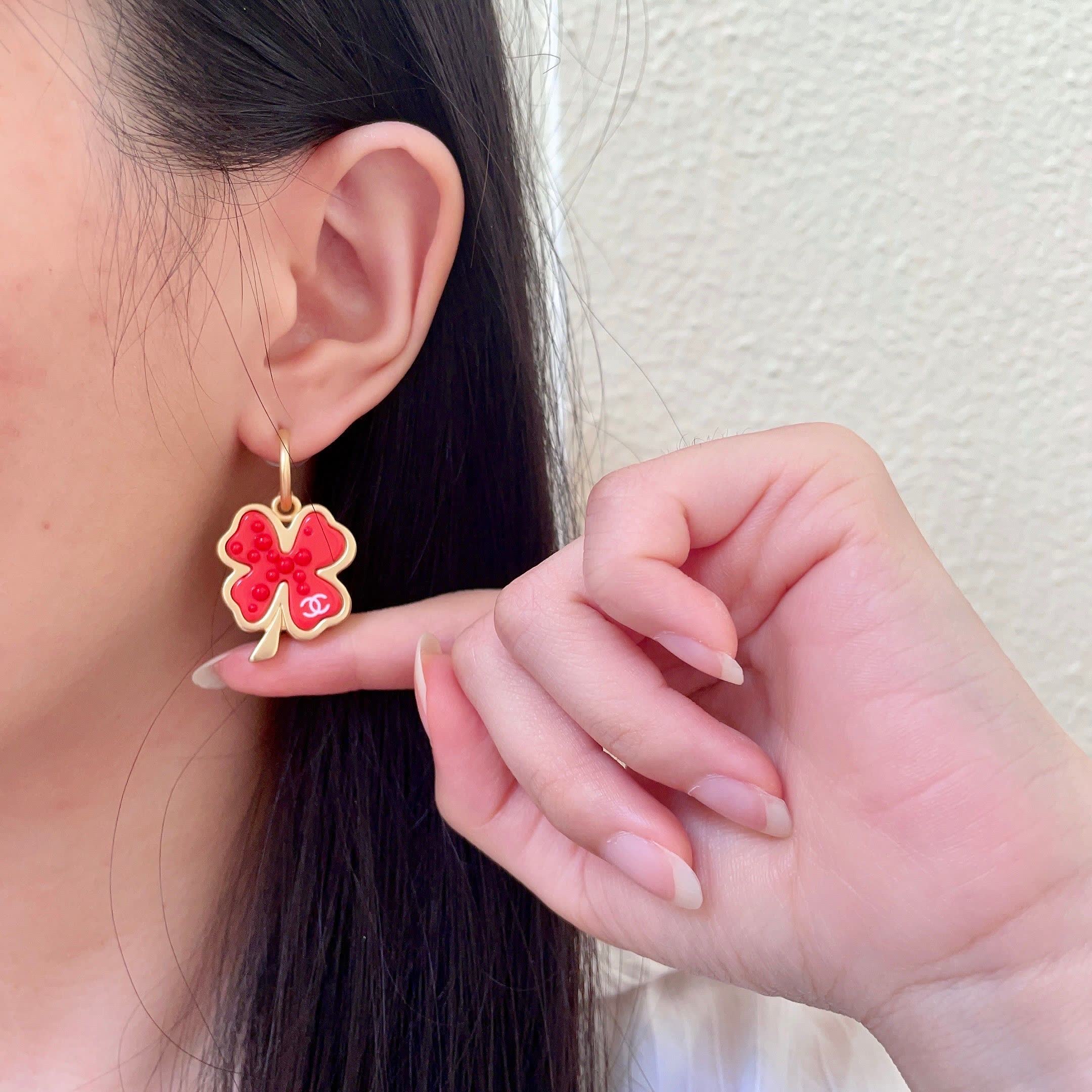 Chanel Red Four Leaf Clover Earrings