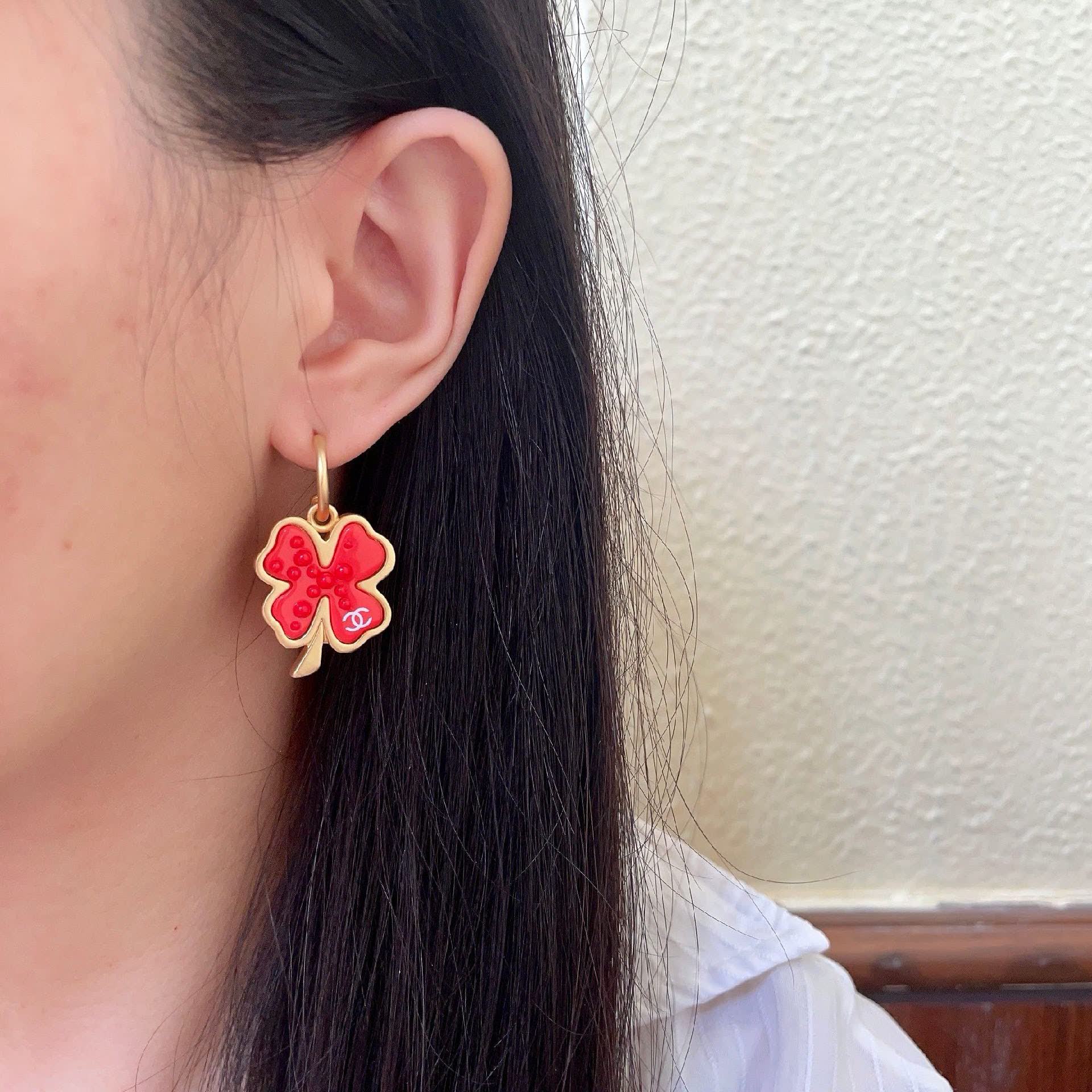 Chanel Red Four Leaf Clover Earrings