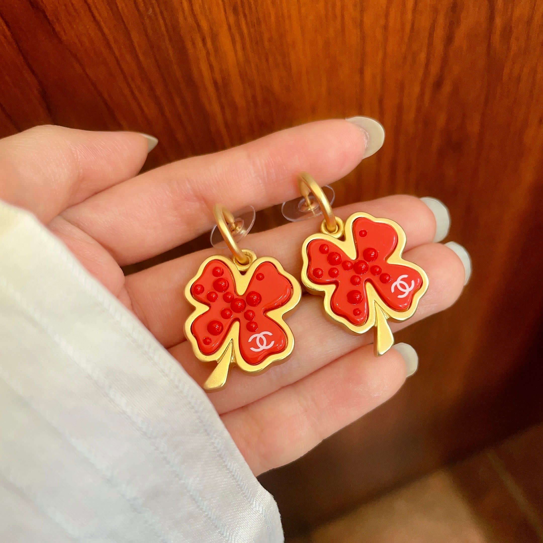 Chanel Red Four Leaf Clover Earrings