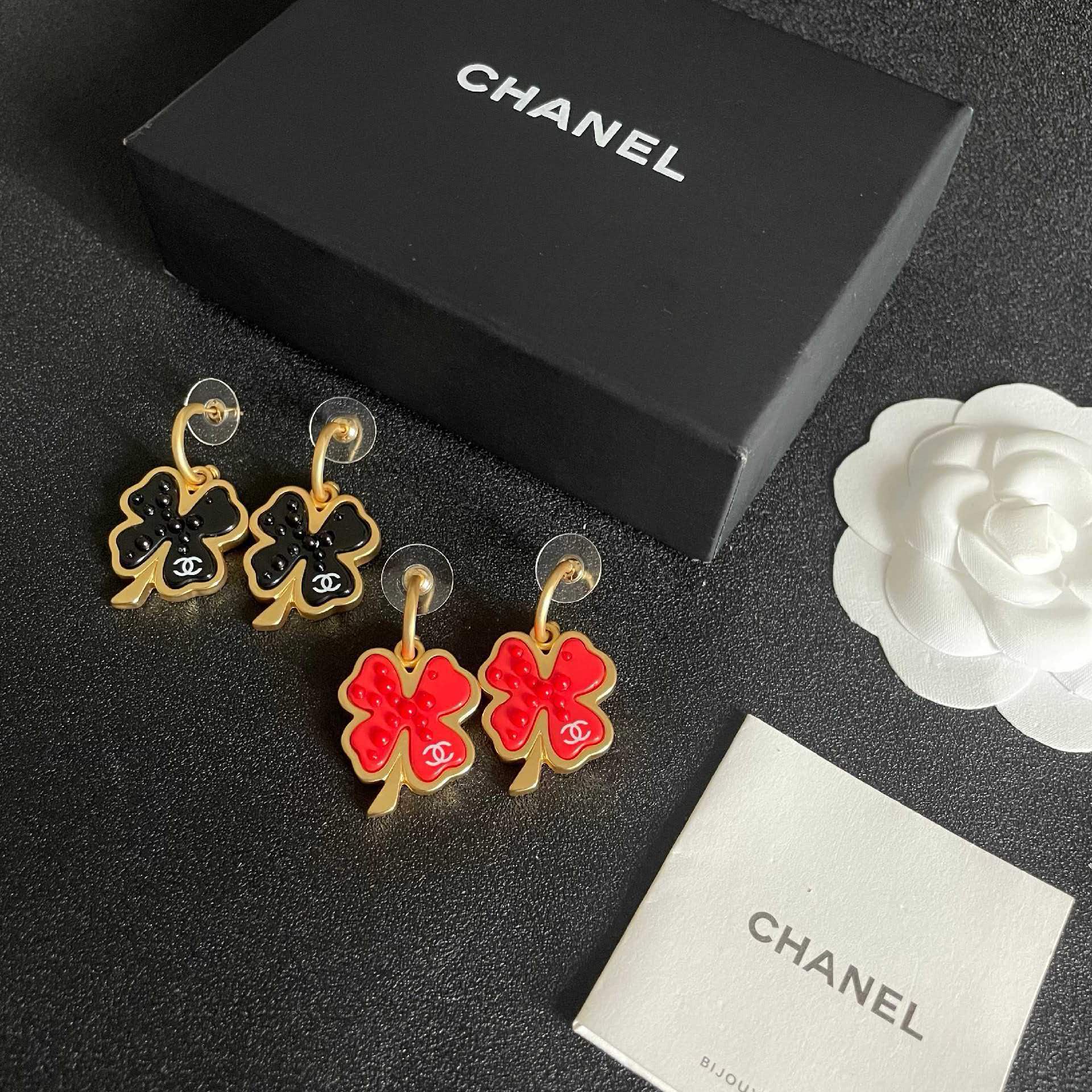 Chanel Red Four Leaf Clover Earrings
