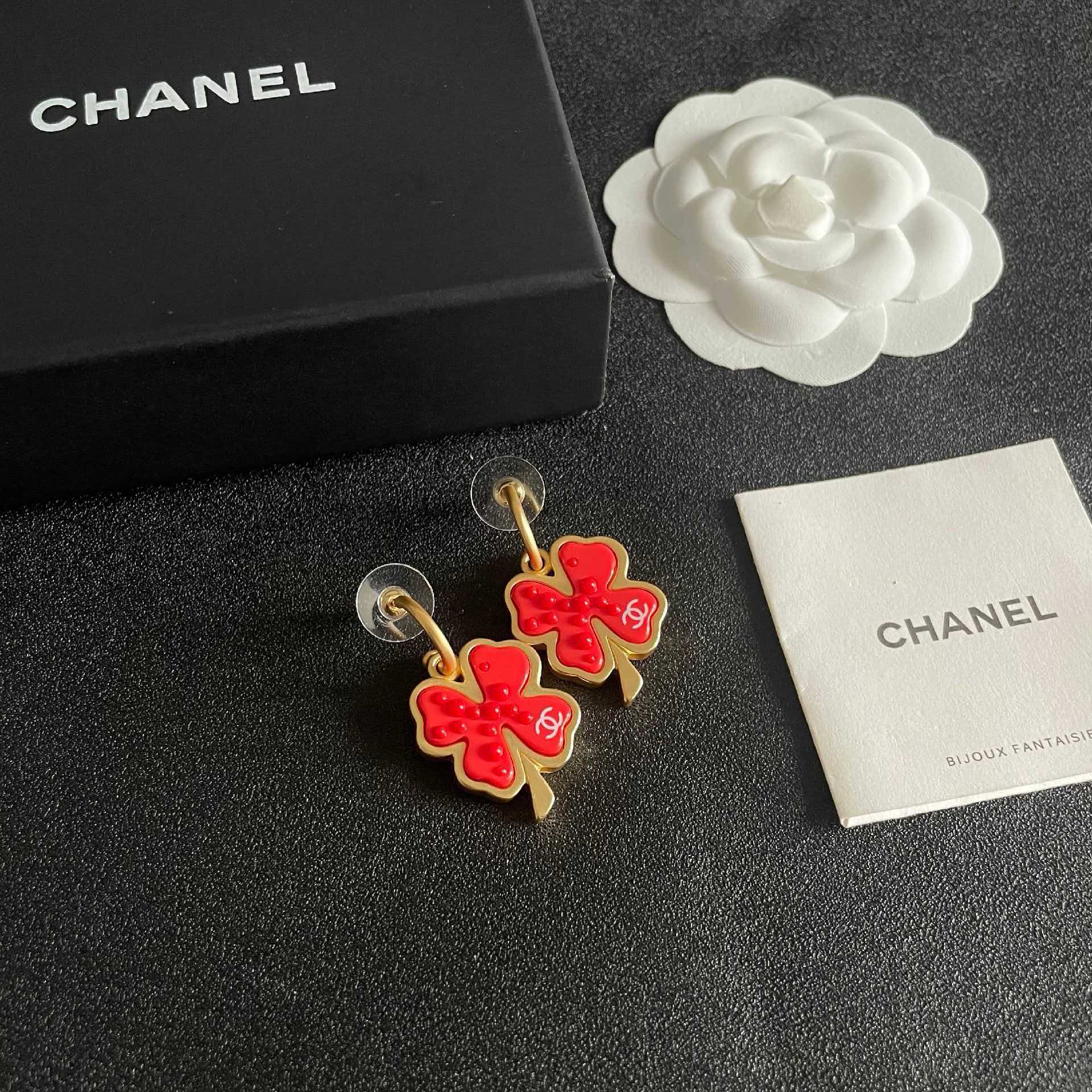 Chanel Red Four Leaf Clover Earrings