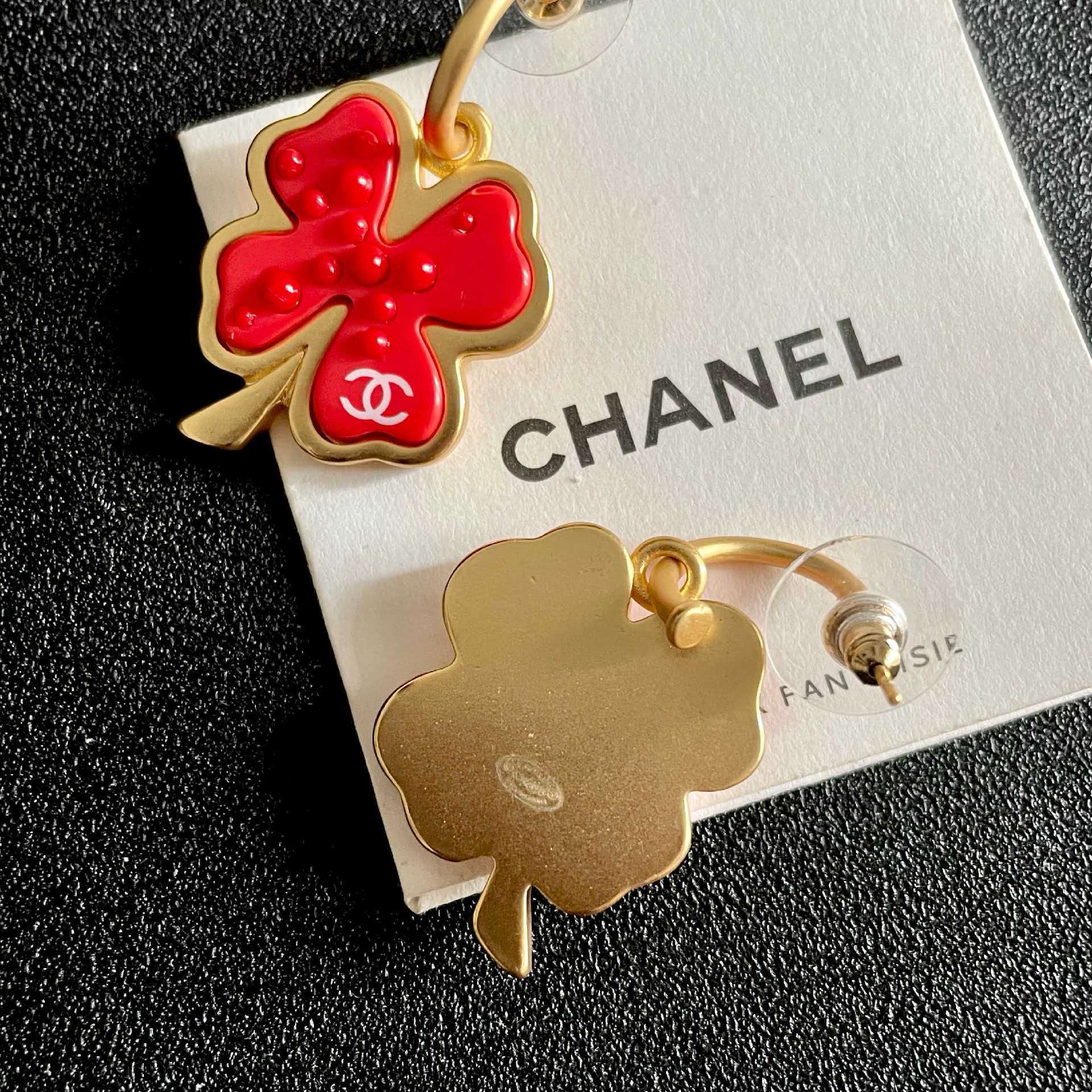Chanel Red Four Leaf Clover Earrings