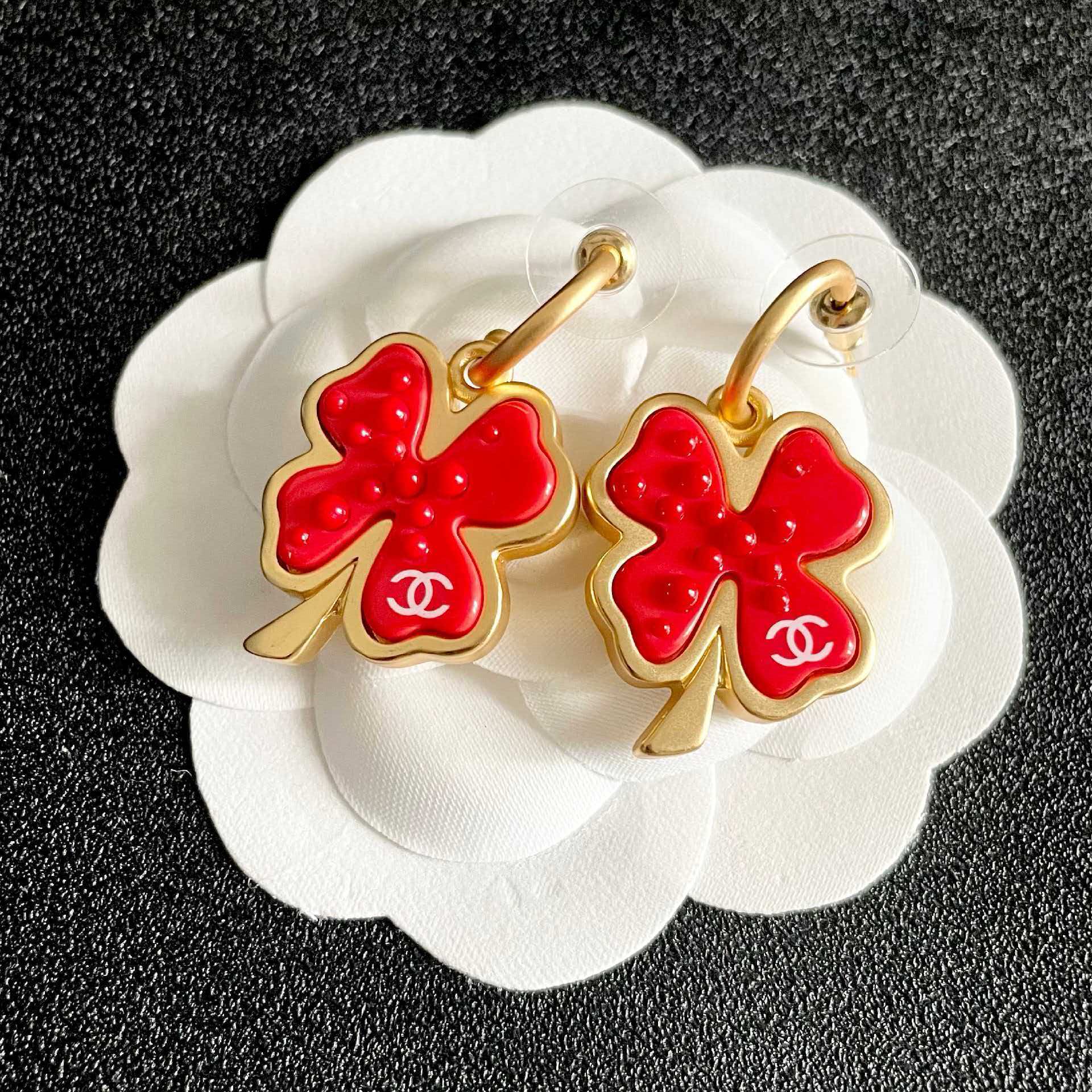 Chanel Red Four Leaf Clover Earrings