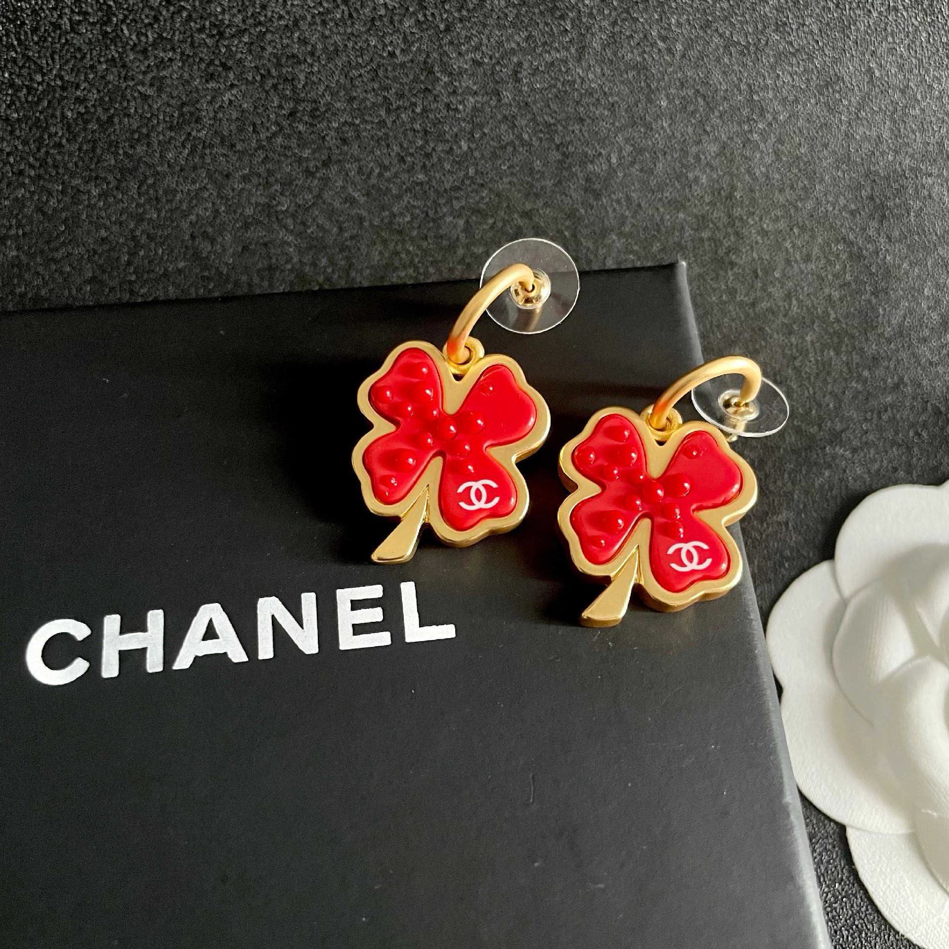 Chanel Red Four Leaf Clover Earrings
