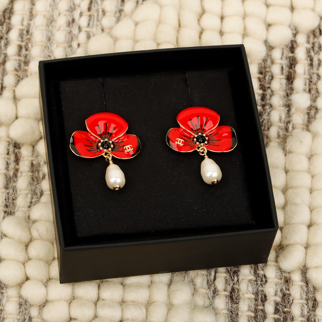 Chanel Red Flower Earrings with Pearl
