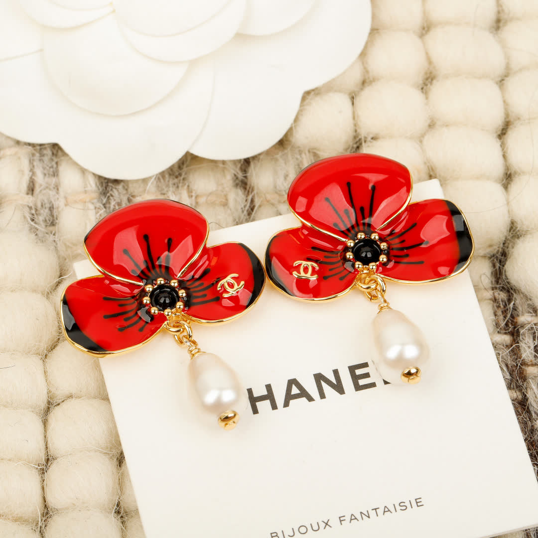 Chanel Red Flower Earrings with Pearl