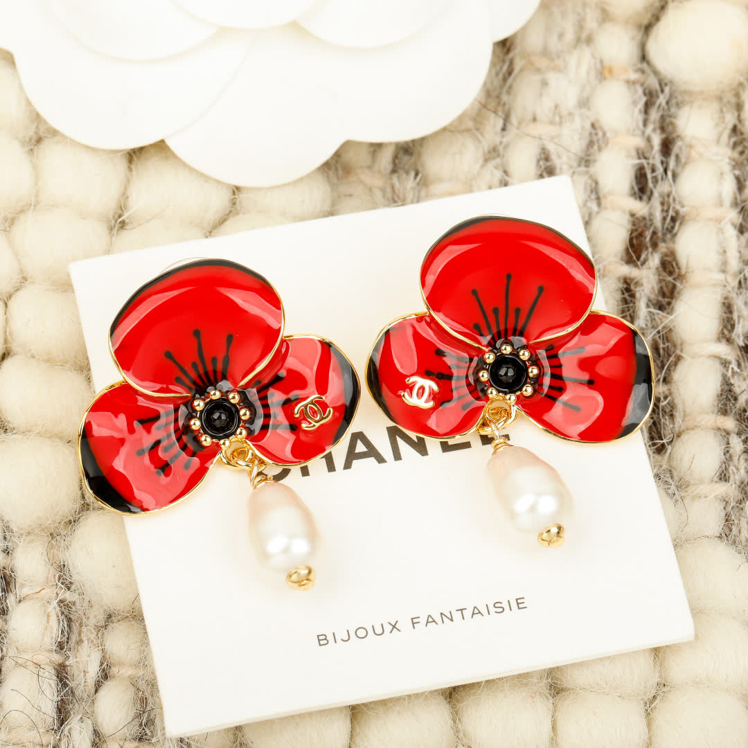 Chanel Red Flower Earrings with Pearl