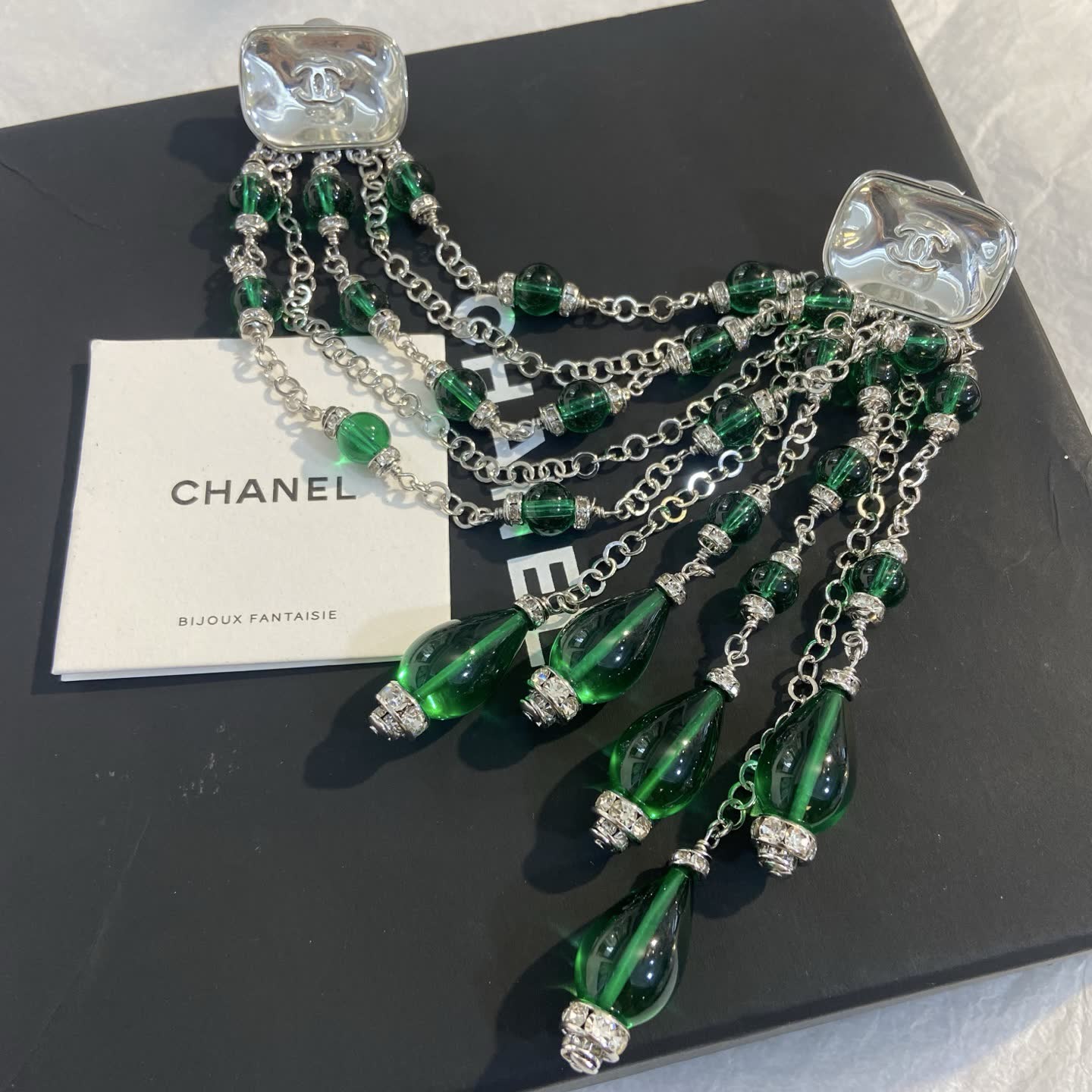 Chanel Green Crystal Earrings