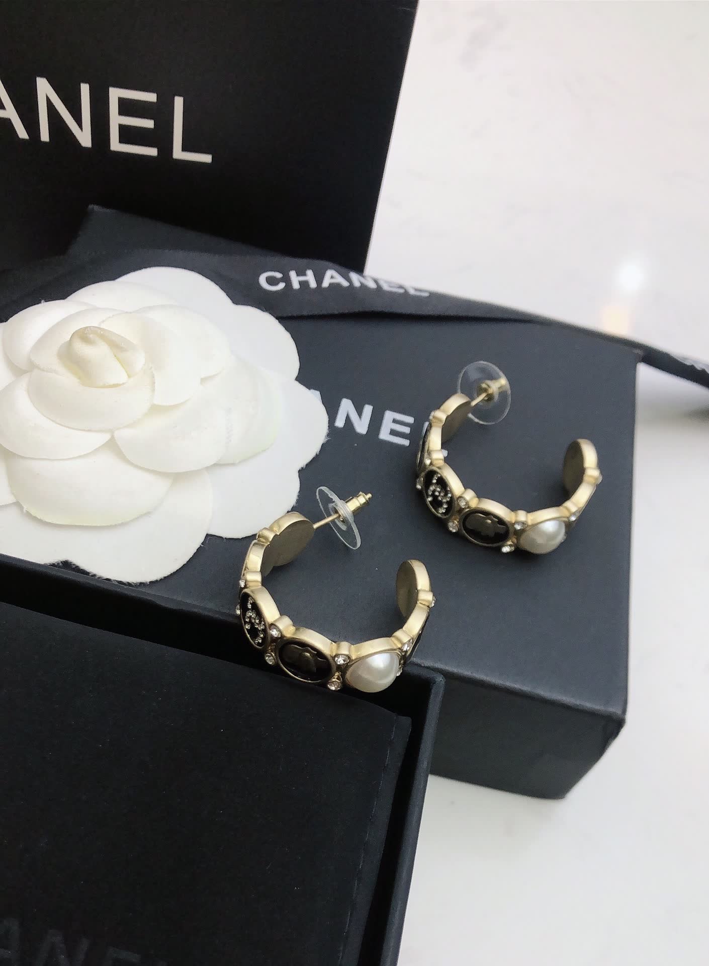 Chanel Gold Tone Pearl and Crystal Hoop Earrings Chanel Gold Tone Pearl and Crystal Hoop Earrings