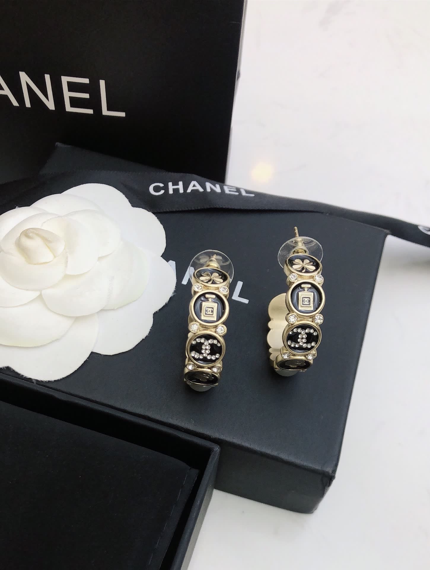 Chanel Gold Tone Pearl and Crystal Hoop Earrings