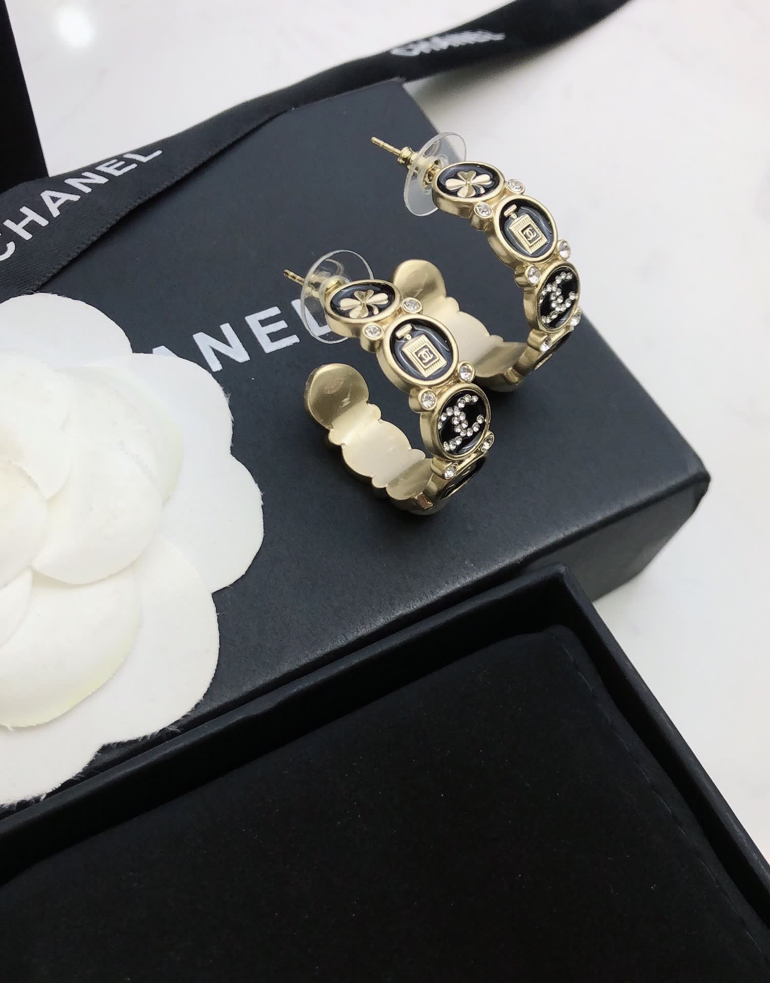 Chanel Gold Tone Pearl and Crystal Hoop Earrings