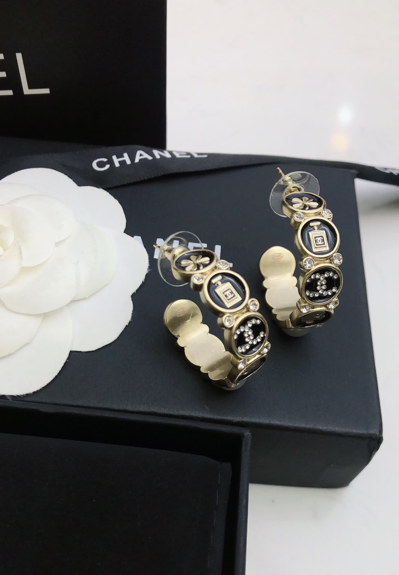 Chanel Gold Tone Pearl and Crystal Hoop Earrings