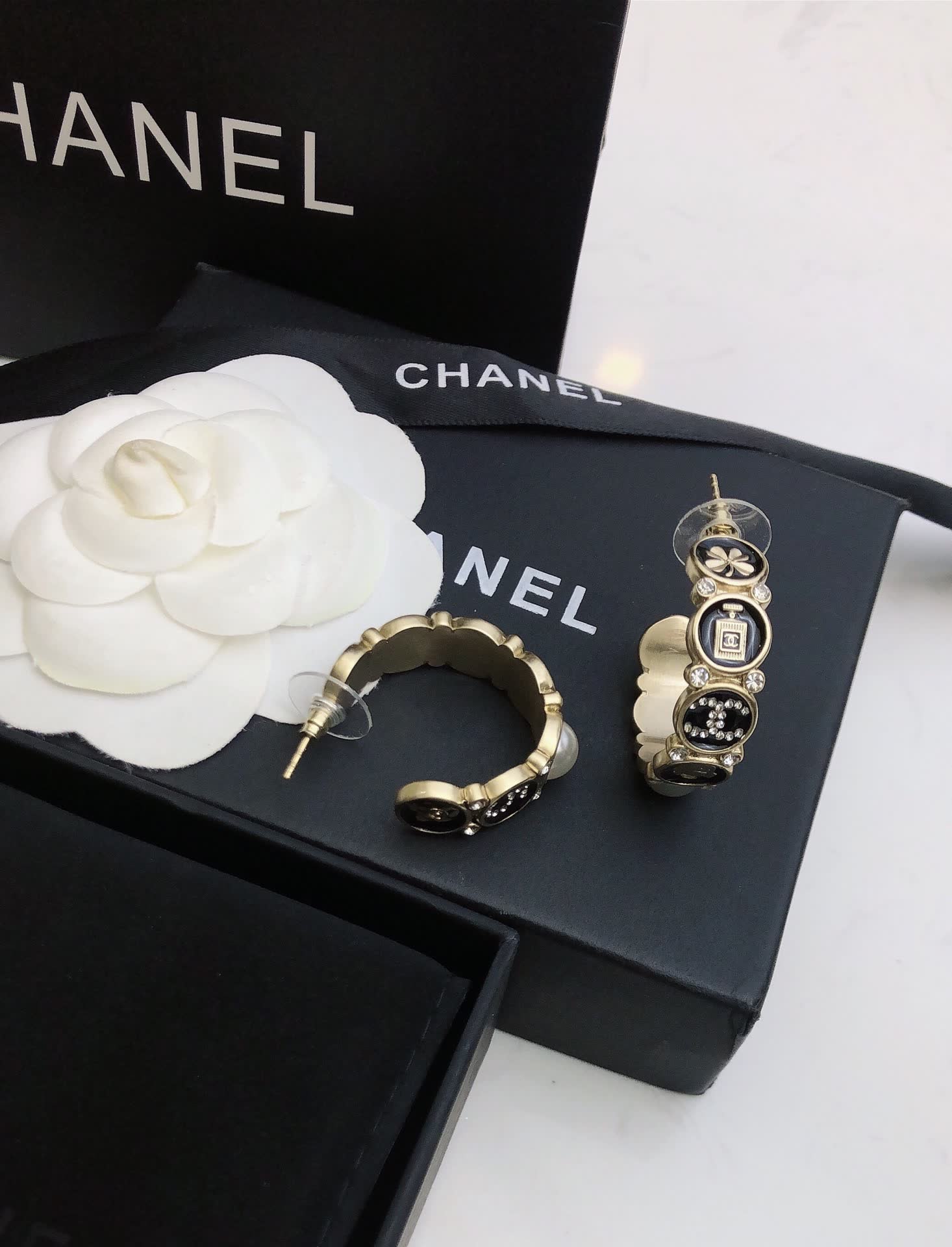 Chanel Gold Tone Pearl and Crystal Hoop Earrings