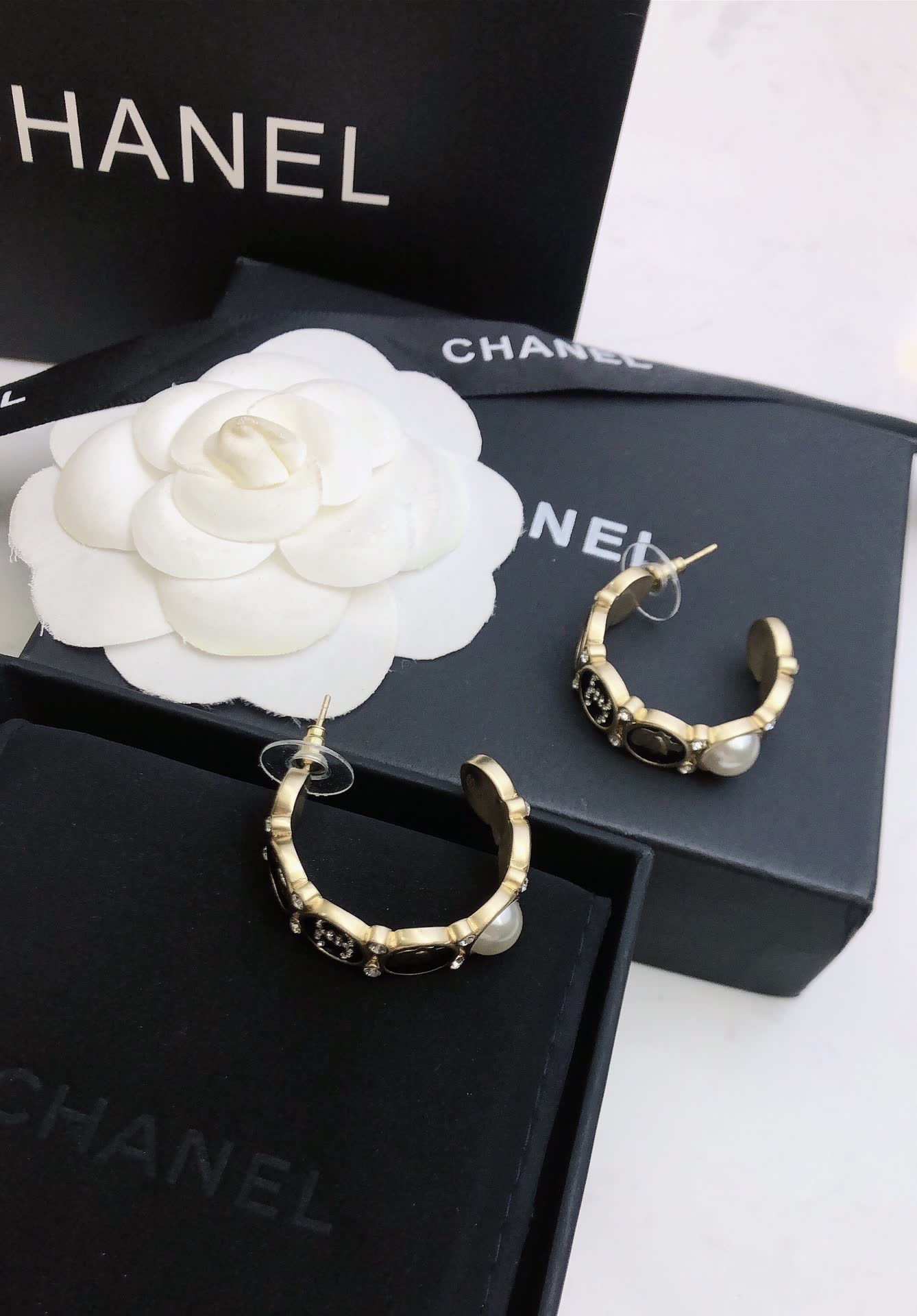 Chanel Gold Tone Pearl and Crystal Hoop Earrings