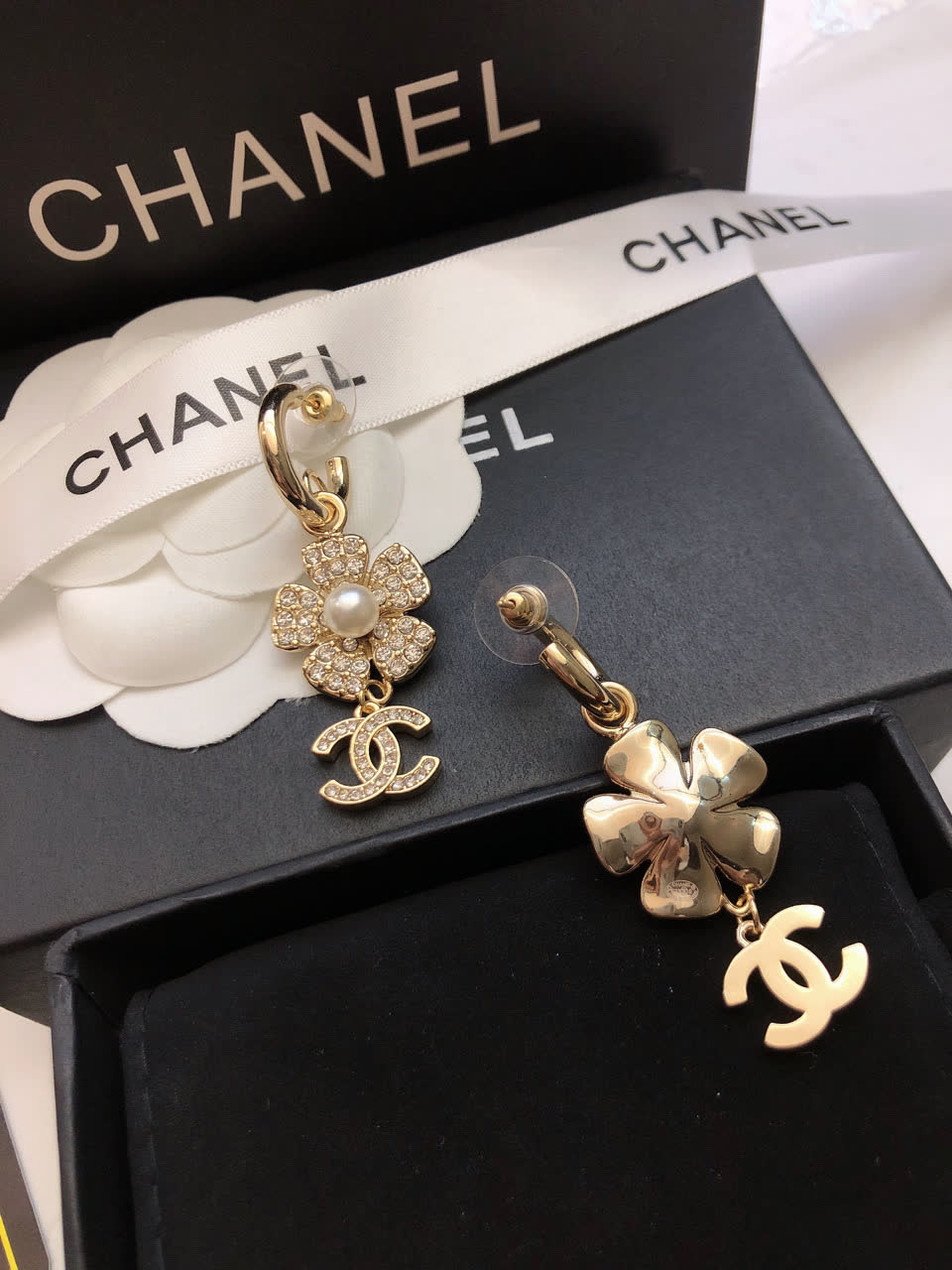 Chanel Gold Tone Crystal Flower Pearl Earrings