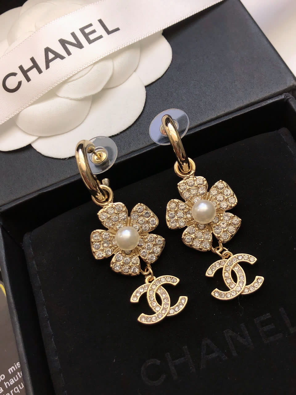 Chanel Gold Tone Crystal Flower Pearl Earrings