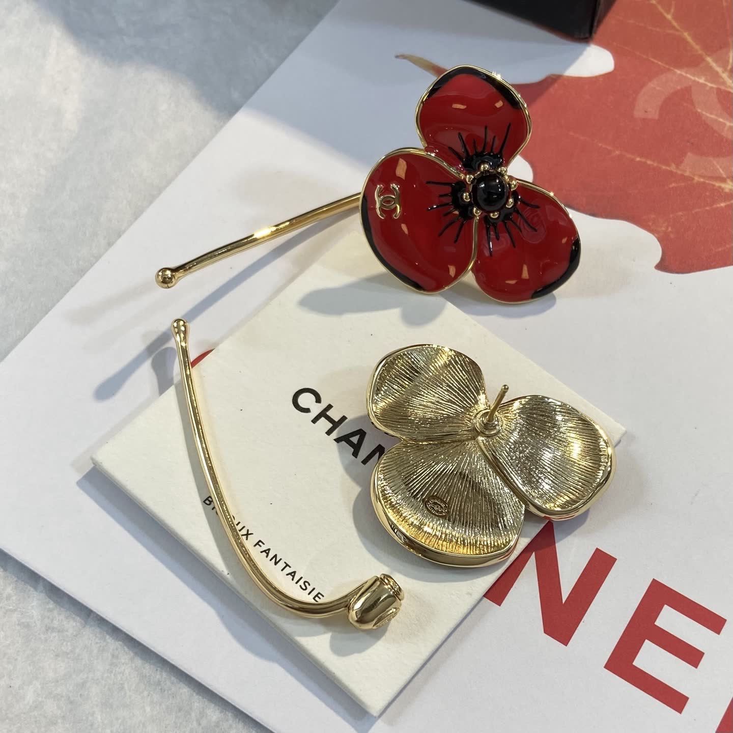 Chanel Red and White Enamel Flower Earrings-XE1273