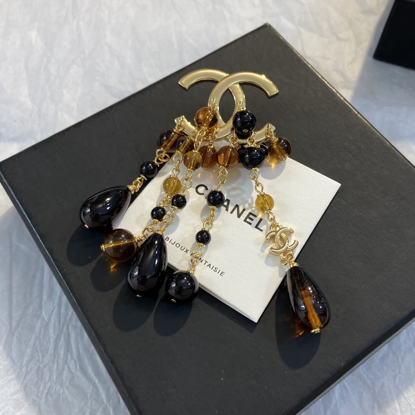 Chanel CC Logo Earrings with Black and Brown Beads-XZ1272